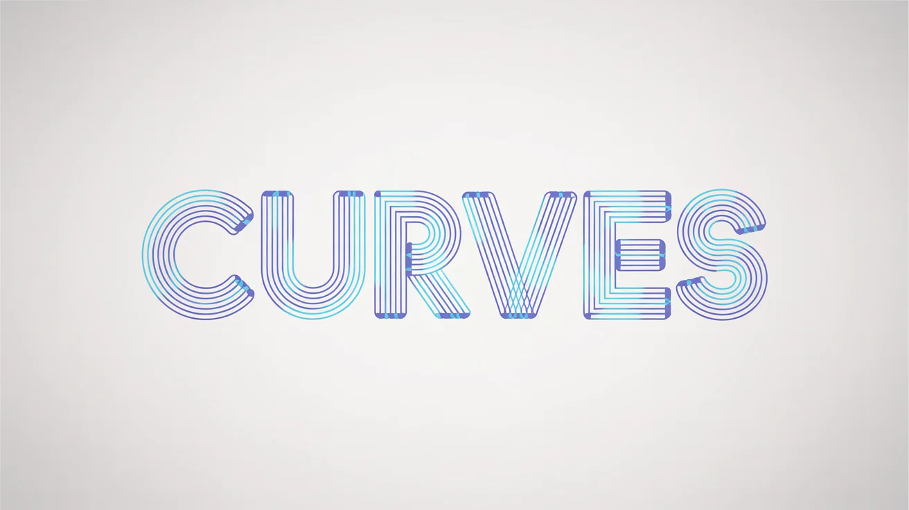 An abstract graphic representing the process of converting text to curves. The word 'CURVES' is shown with its vector outlines, anchor points, and handles visible, on a plain white background.