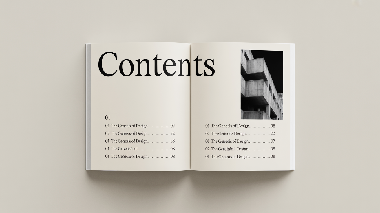A beautifully designed table of contents page for a book, shown in a flat lay mockup. The title 'CONTENTS' is prominent, with chapters like 'THE GENESIS OF DESIGN' and 'PRINCIPLES OF HARMONY' listed below with page numbers. A small black and white architectural photo is included in the clean, modern layout.