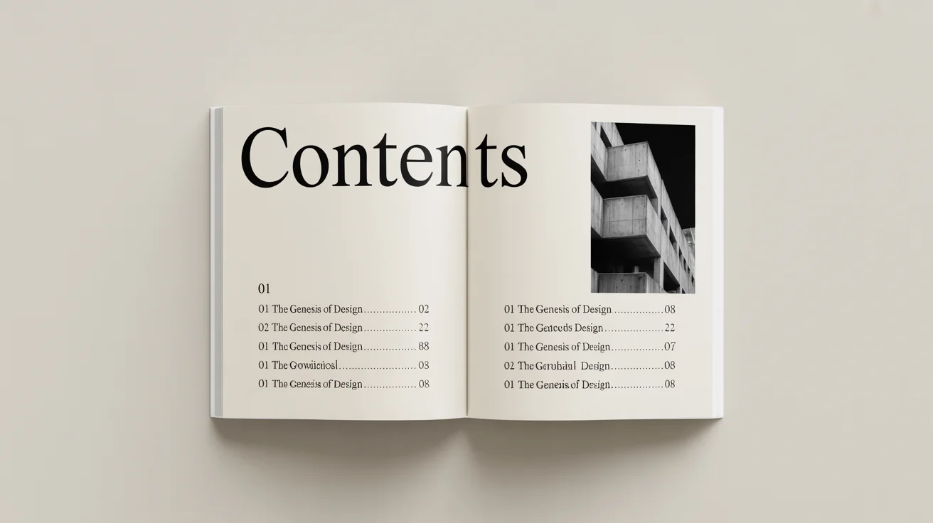 A beautifully designed table of contents page for a book, shown in a flat lay mockup. The title 'CONTENTS' is prominent, with chapters like 'THE GENESIS OF DESIGN' and 'PRINCIPLES OF HARMONY' listed below with page numbers. A small black and white architectural photo is included in the clean, modern layout.