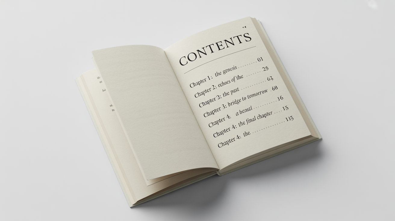 A mockup of a book's table of contents page, featuring a clean design, elegant typography with fictional chapter titles, set against a plain white background.