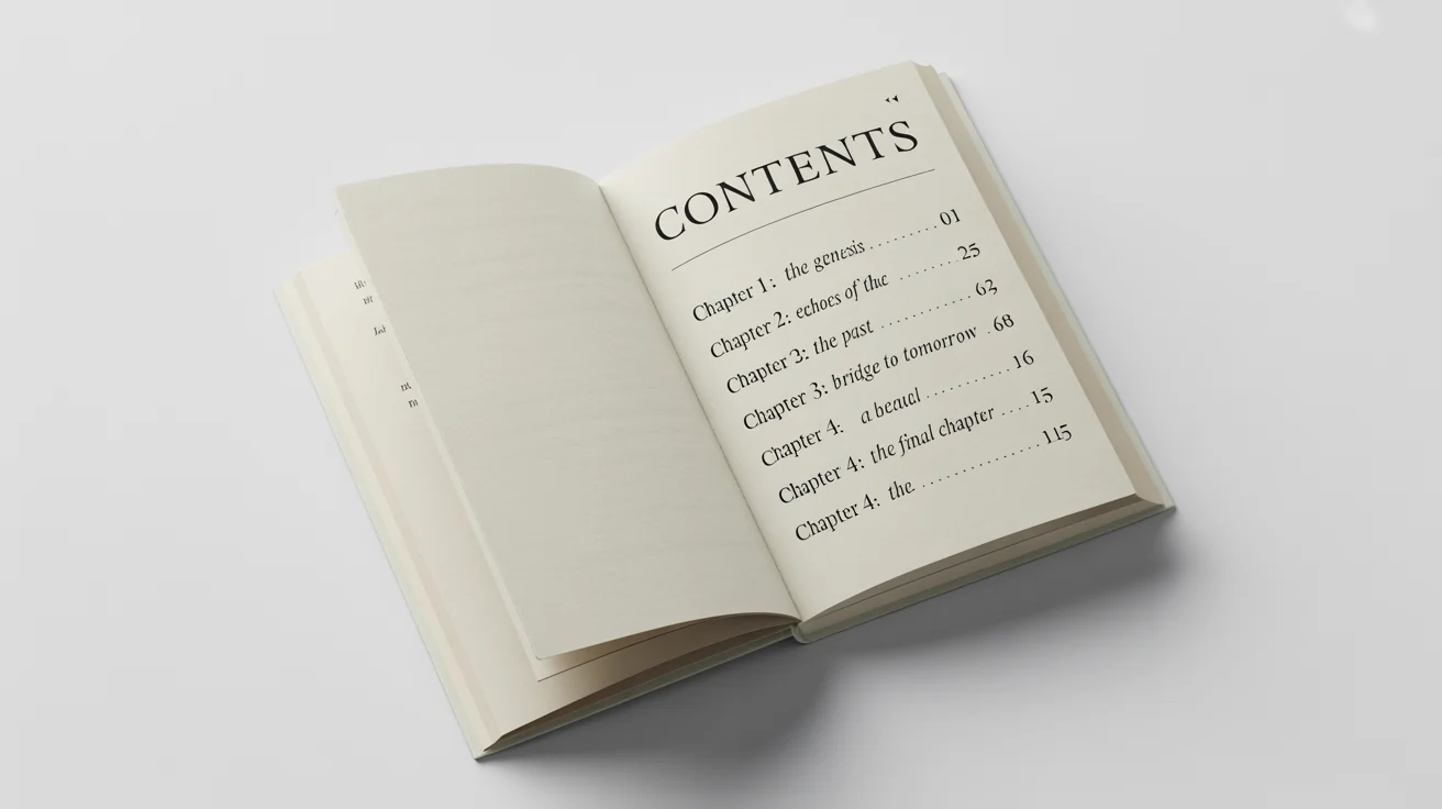 A mockup of a book's table of contents page, featuring a clean design, elegant typography with fictional chapter titles, set against a plain white background.