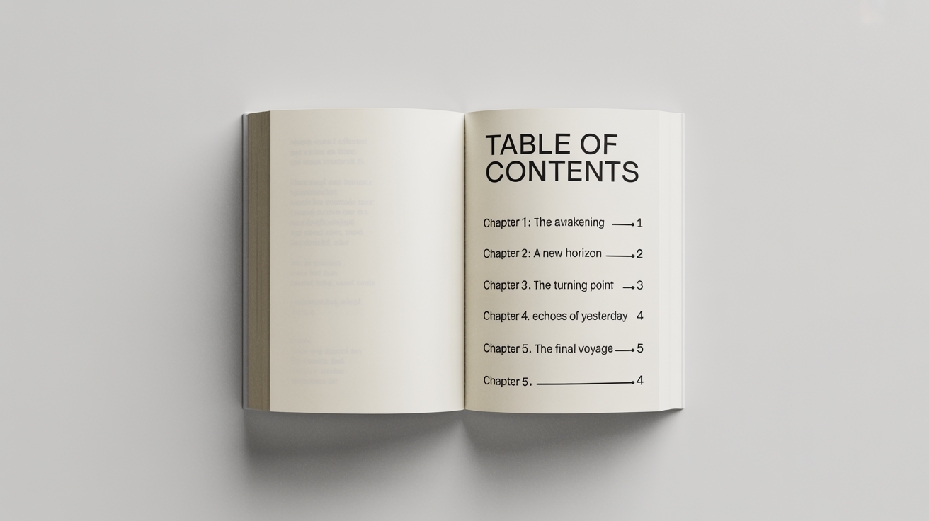 An open book showcasing a professionally designed table of contents page with elegant typography and a chapter list, set against a clean white background.