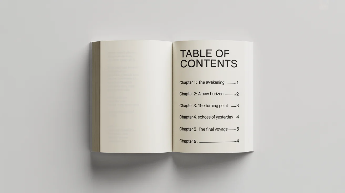 An open book showcasing a professionally designed table of contents page with elegant typography and a chapter list, set against a clean white background.