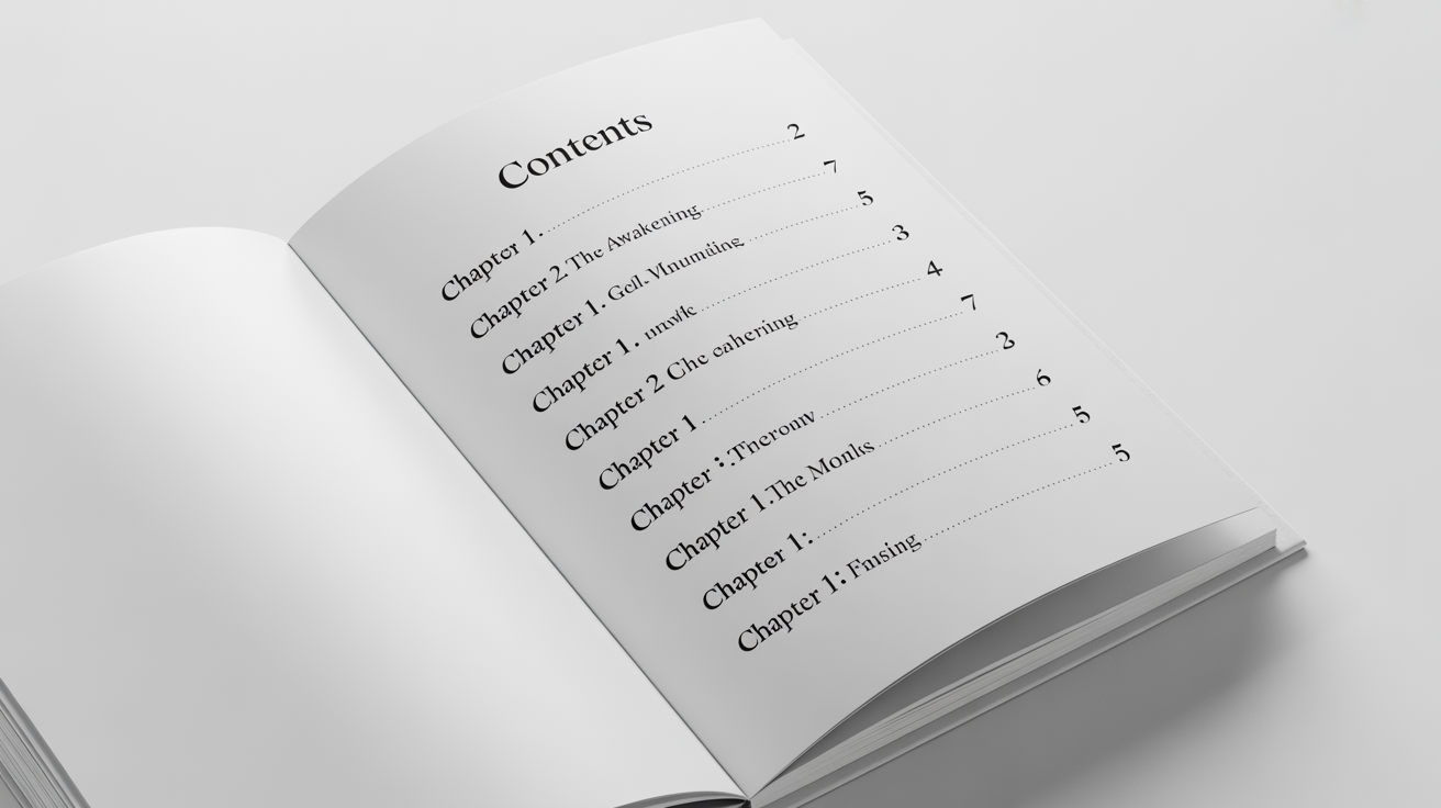 A mockup of a professionally designed table of contents page, showcasing a clean and modern layout with chapter titles and page numbers against a white background.