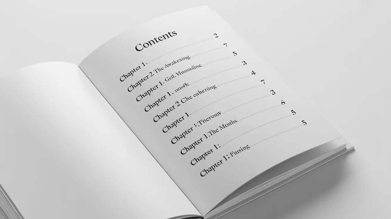 A mockup of a professionally designed table of contents page, showcasing a clean and modern layout with chapter titles and page numbers against a white background.