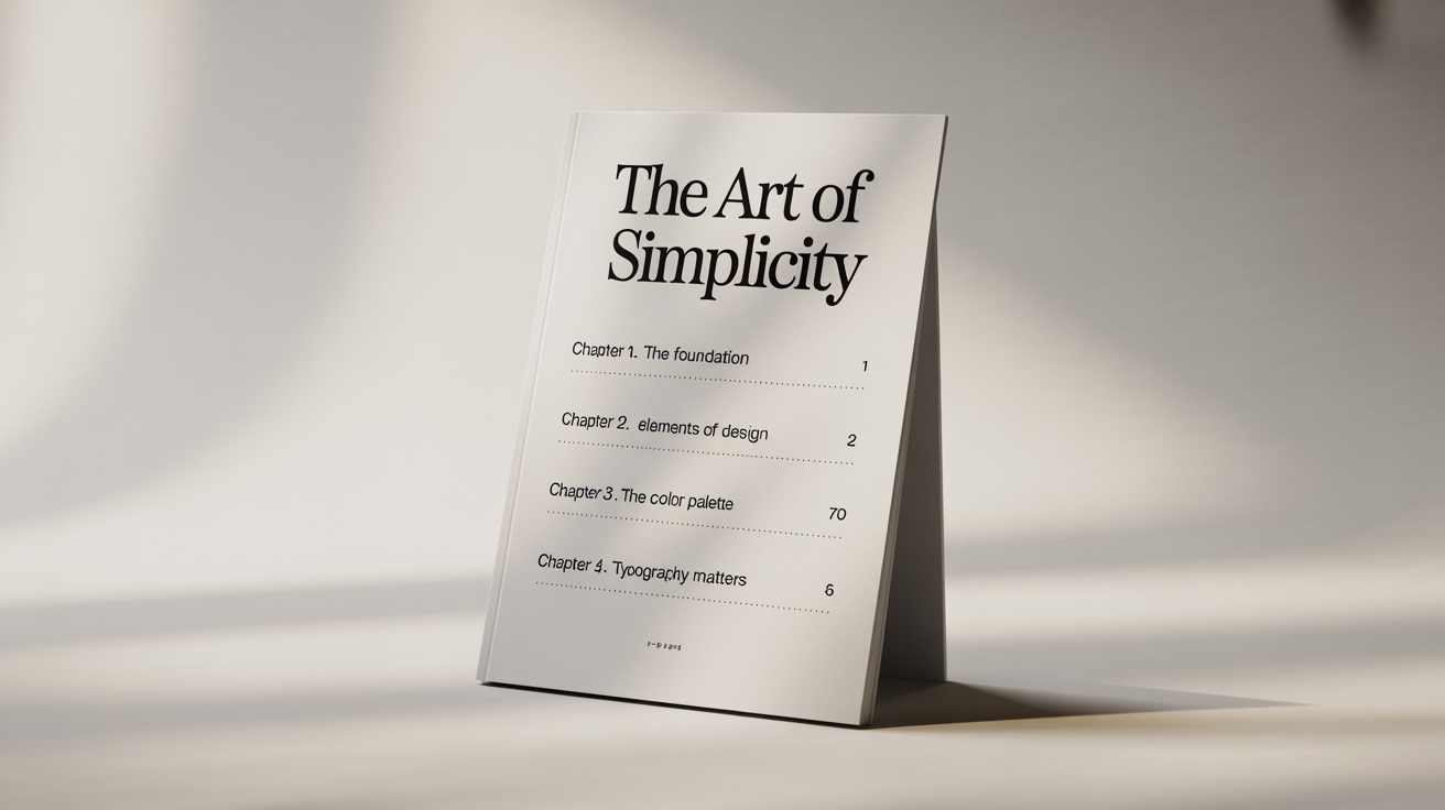 A close-up shot of a professionally designed table of contents page for a book titled 'The Art of Simplicity,' showcasing a clean layout and elegant typography on a crisp white background.