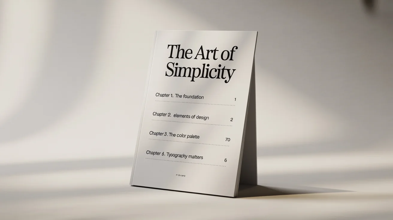 A close-up shot of a professionally designed table of contents page for a book titled 'The Art of Simplicity,' showcasing a clean layout and elegant typography on a crisp white background.