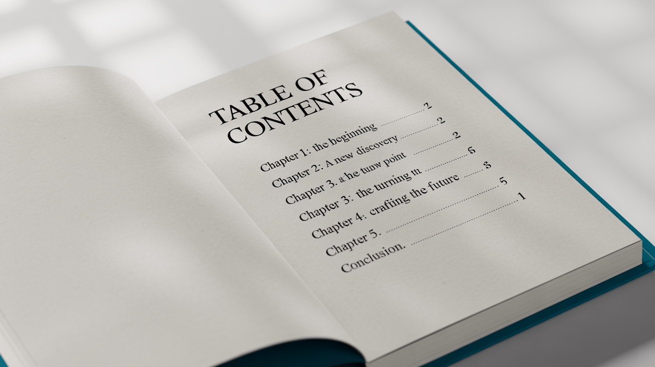 A professionally designed book open to the table of contents page, showing a list of chapter titles and page numbers in a clean, elegant layout on a white background.