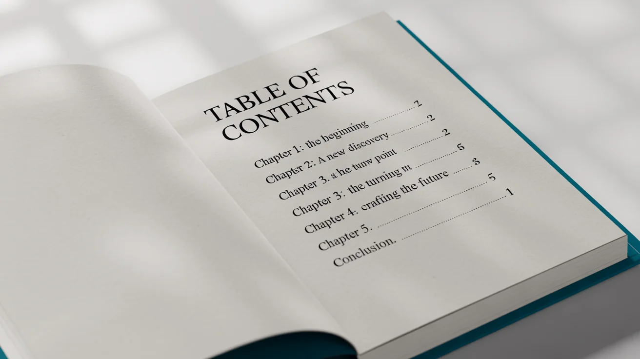 A professionally designed book open to the table of contents page, showing a list of chapter titles and page numbers in a clean, elegant layout on a white background.