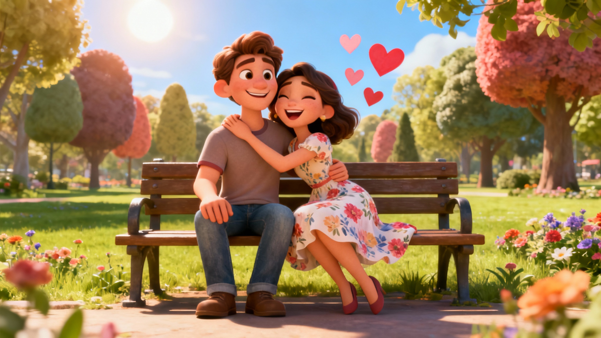 A beautiful, Pixar-style cartoon illustration of a happy couple sitting on a park bench in a sunny park, with hearts floating around them, representing a cartoon generator output.