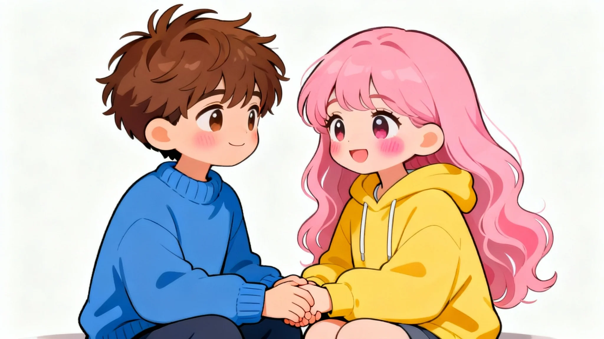 A cute cartoon illustration of a boy and a girl in cozy sweaters, holding hands and smiling at each other against a plain white background.