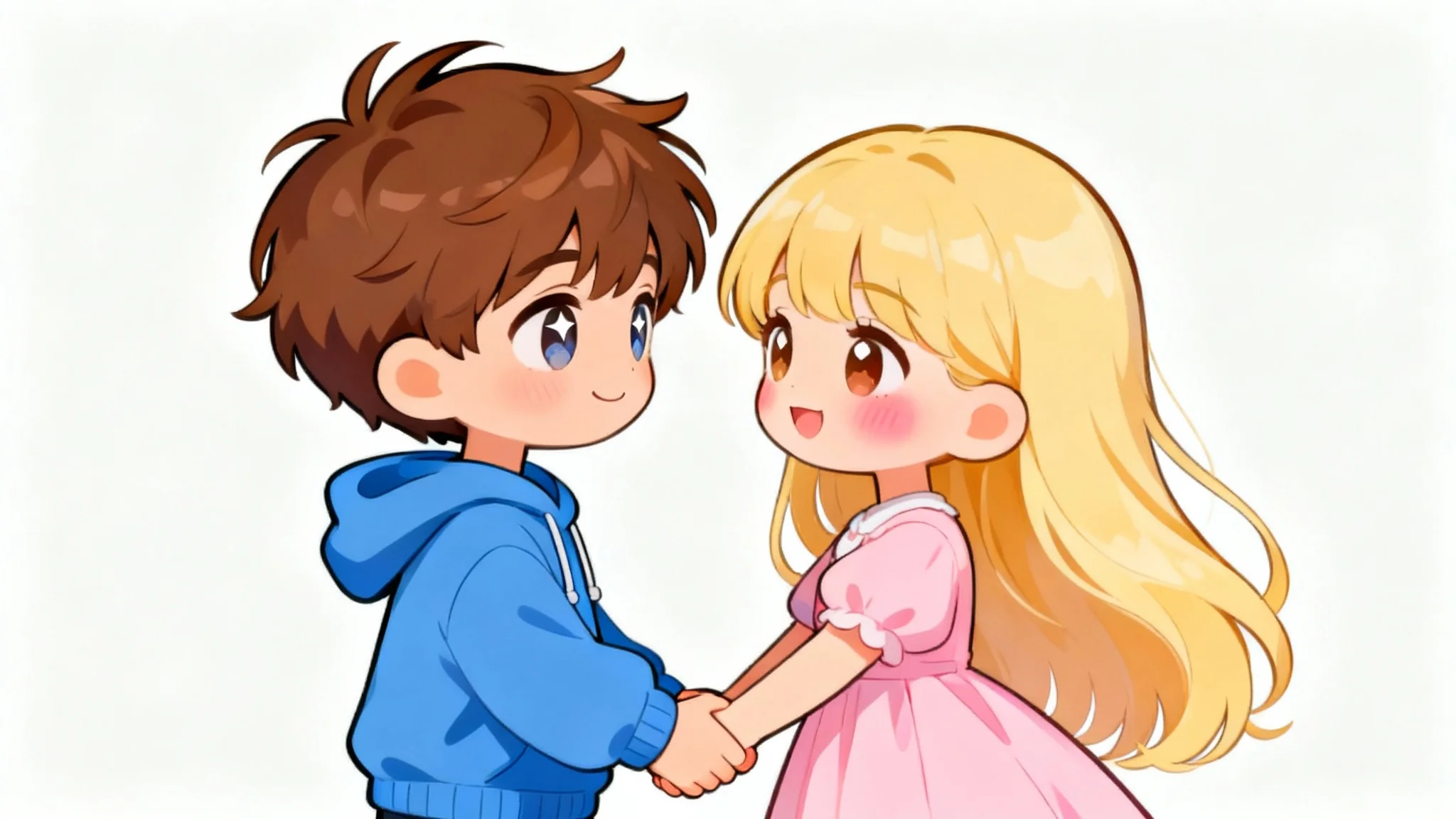 An adorable chibi-style cartoon of a young couple holding hands and smiling, rendered against a clean white background.