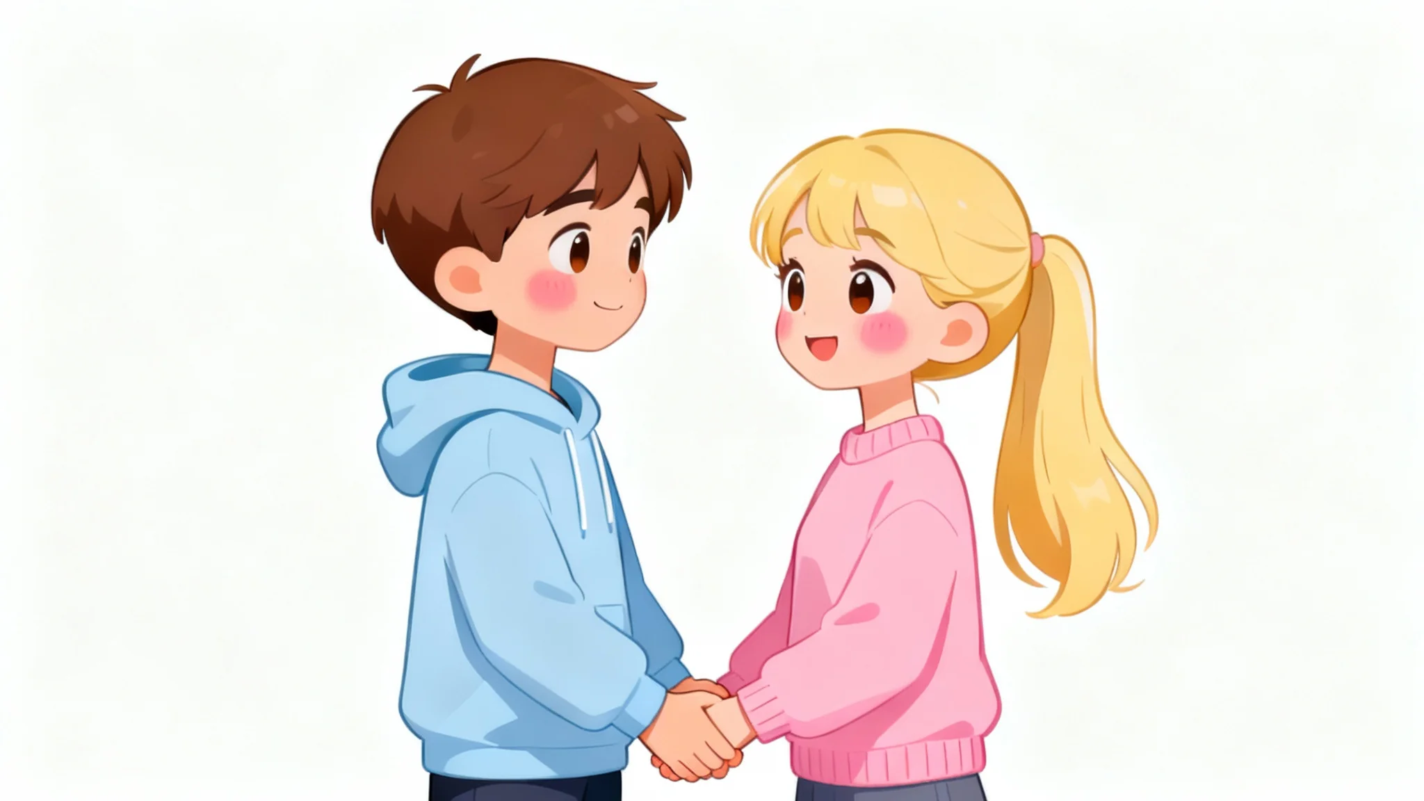 A cute cartoon illustration of a boy and a girl holding hands and smiling at each other against a plain white background.