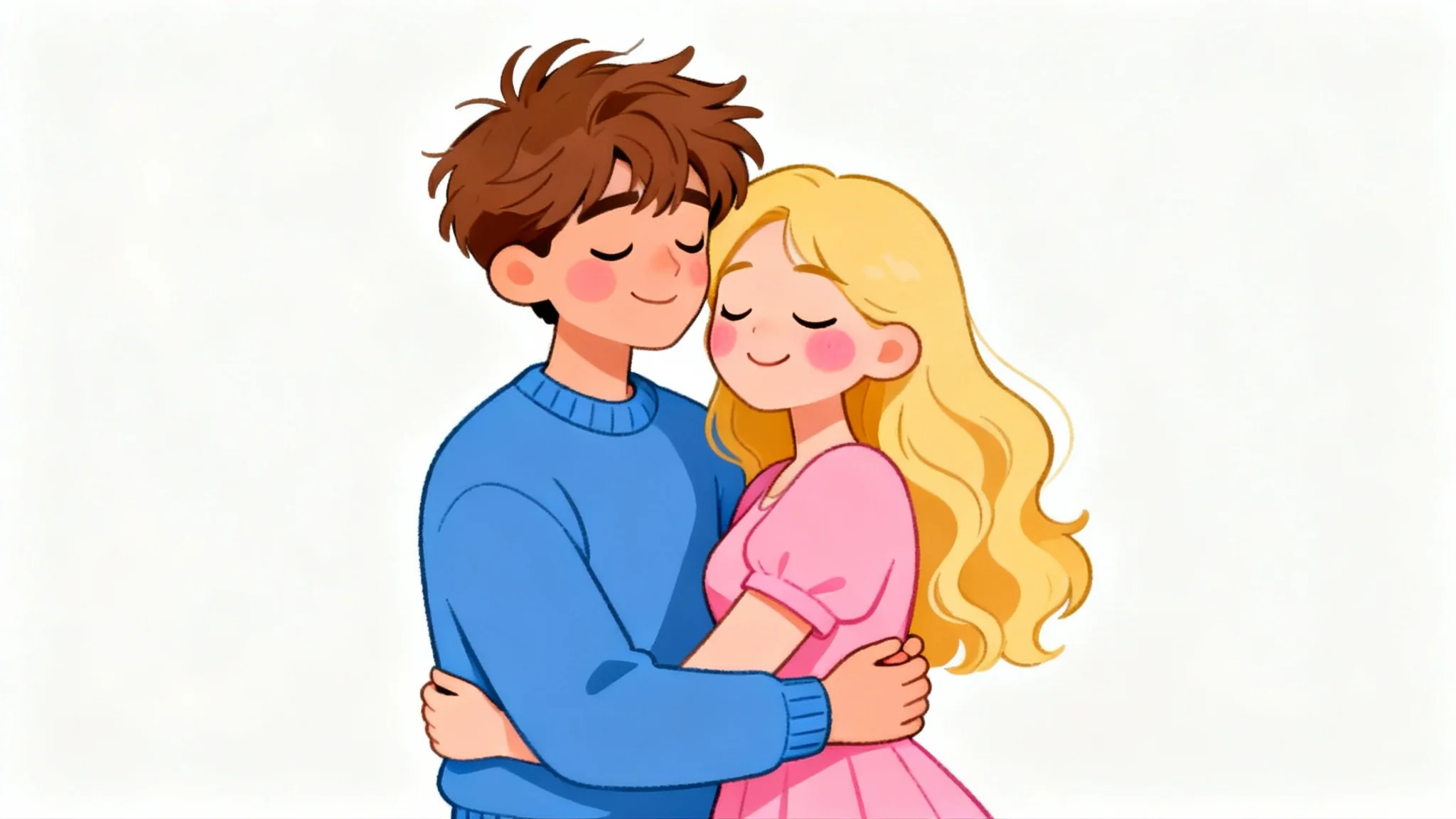 A cute cartoon illustration of a young couple hugging tenderly against a white background.