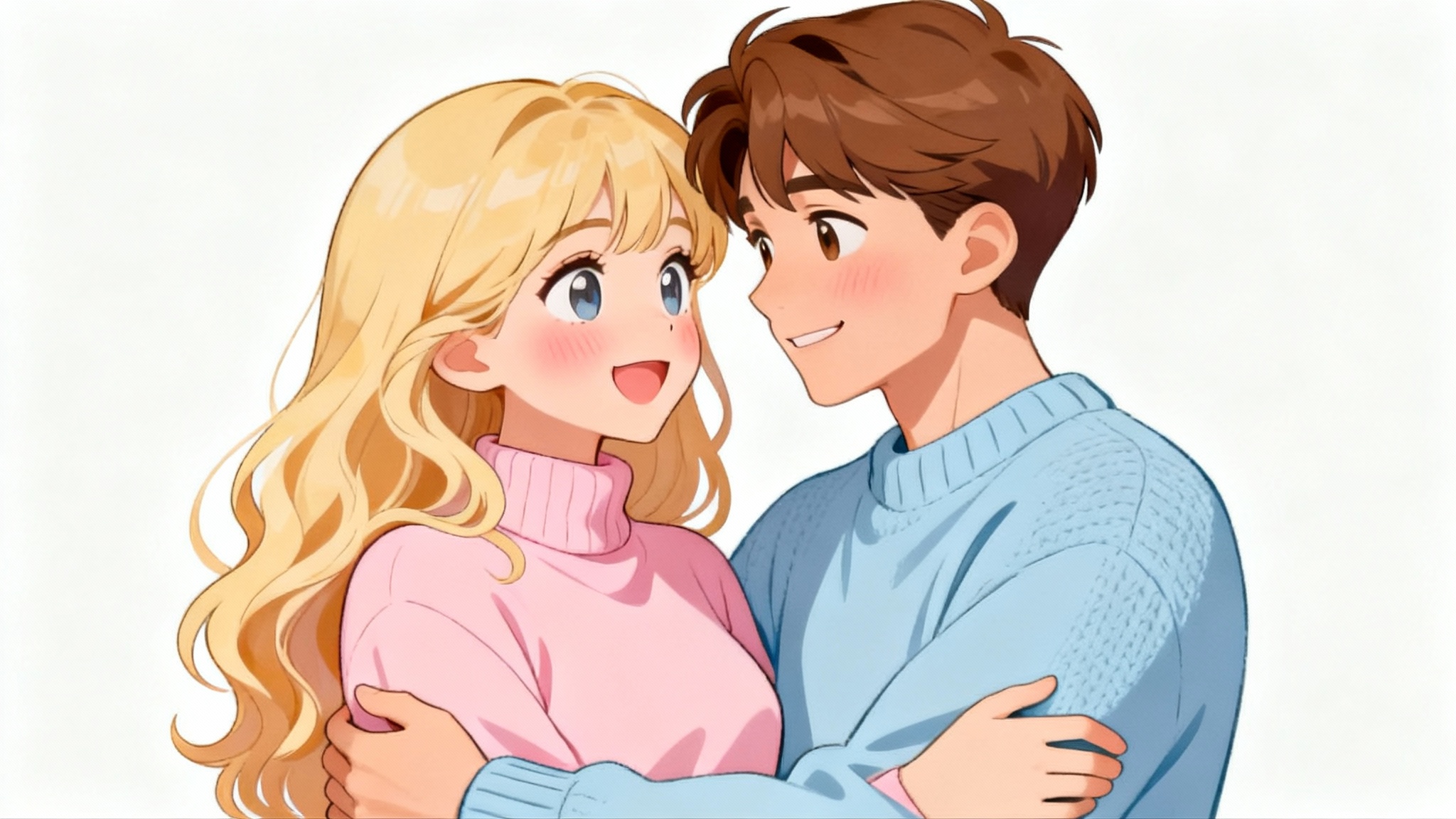 A cute cartoon illustration of a young couple in cozy sweaters, hugging and smiling lovingly at each other against a plain white background.