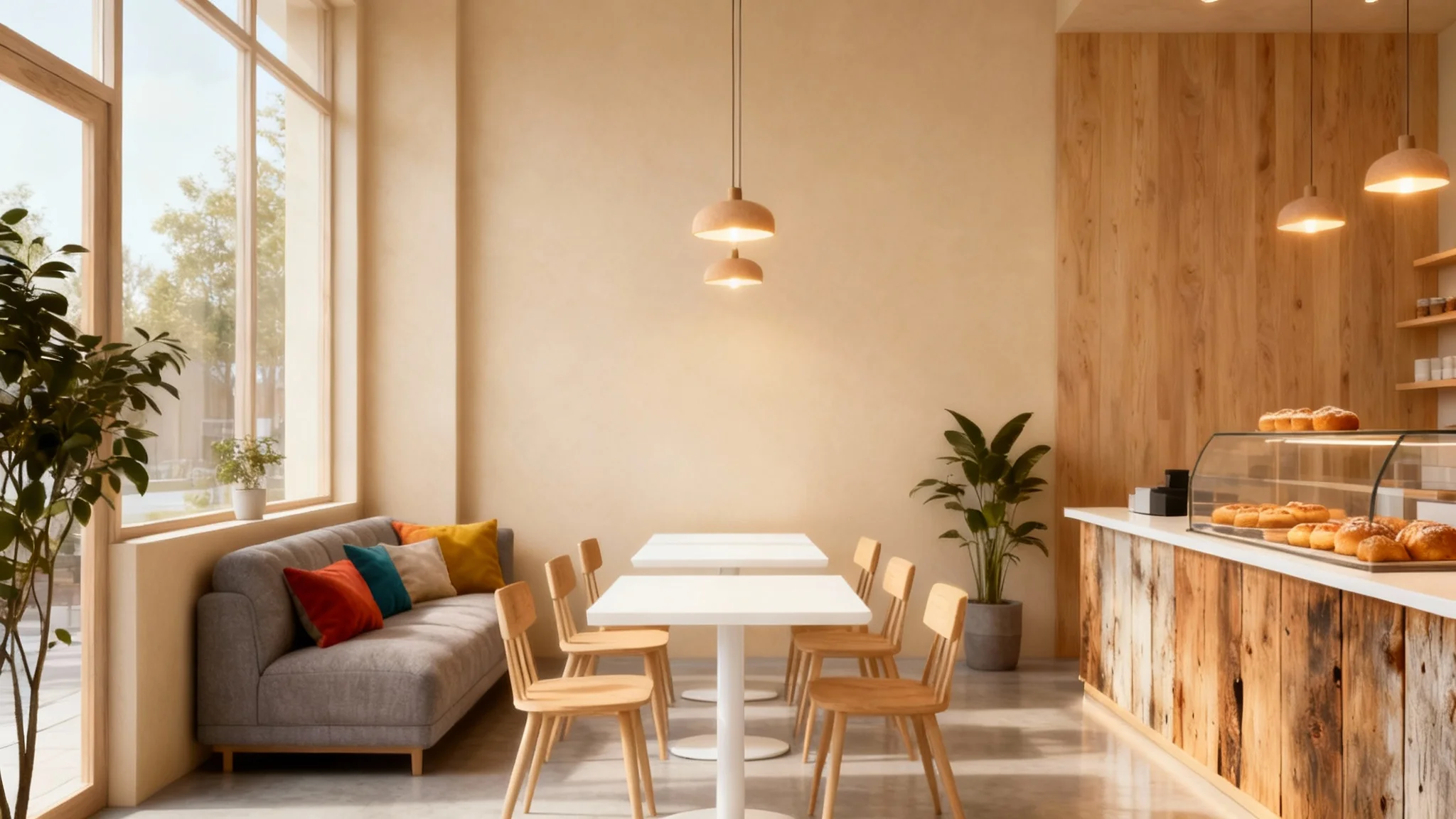 A stunning, photorealistic hero image of a modern and minimalist cafe interior. The space is filled with natural light, featuring sleek white tables, light wood chairs, a cozy gray sofa, and a reclaimed wood counter with pastries. Potted plants add a touch of green to the warm, inviting atmosphere.