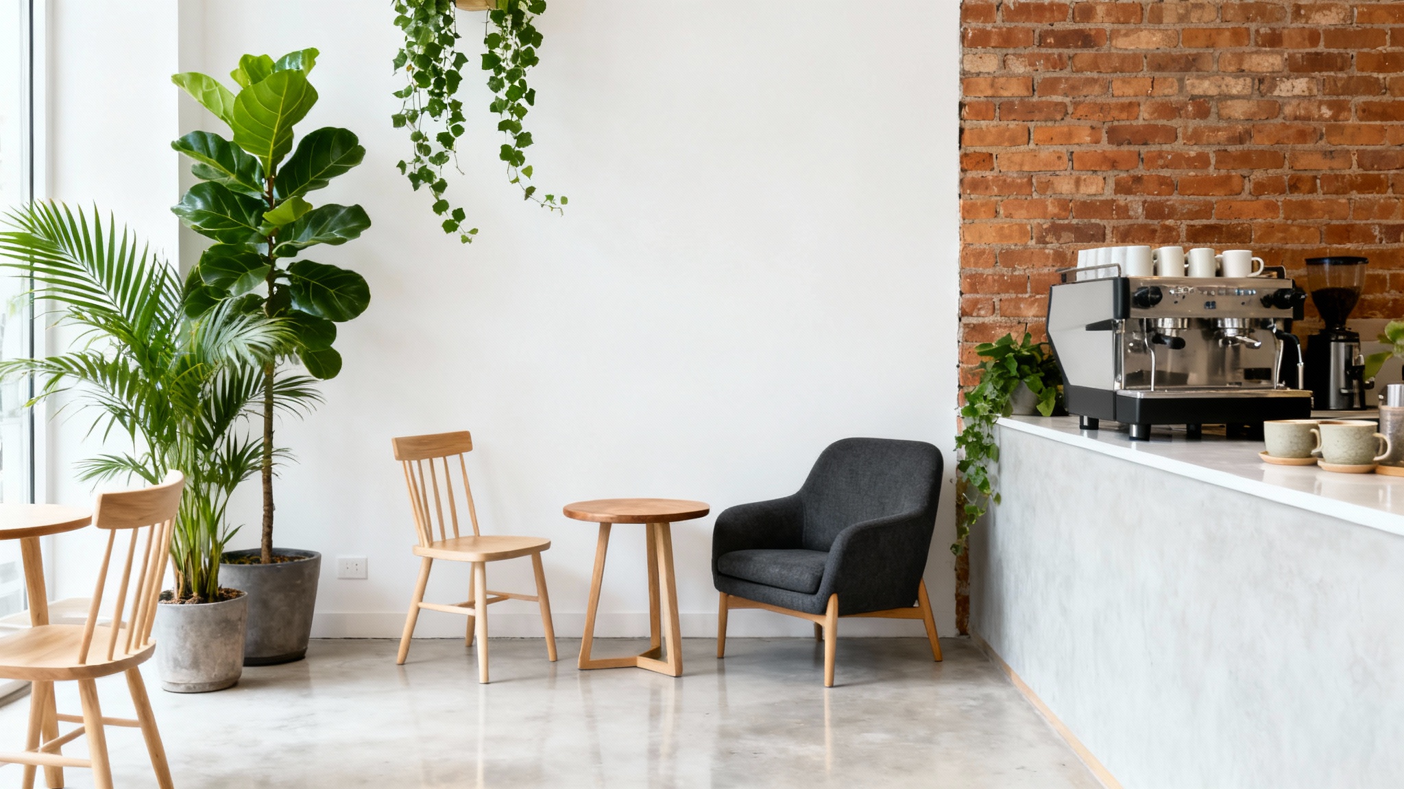 A photorealistic mockup of a modern and bright cafe interior with minimalist wooden furniture, exposed brick, and lush green plants.