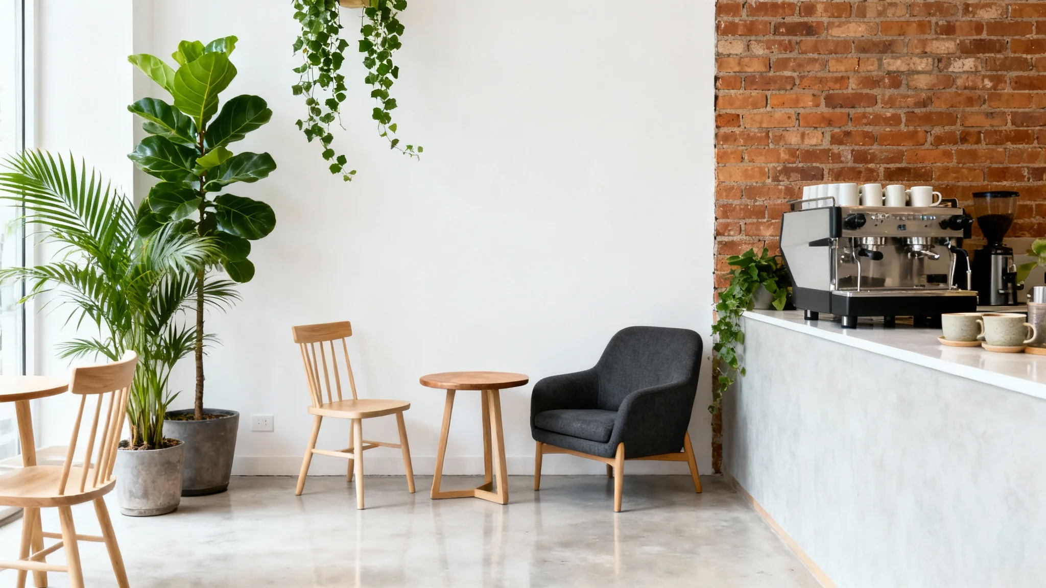 A photorealistic mockup of a modern and bright cafe interior with minimalist wooden furniture, exposed brick, and lush green plants.