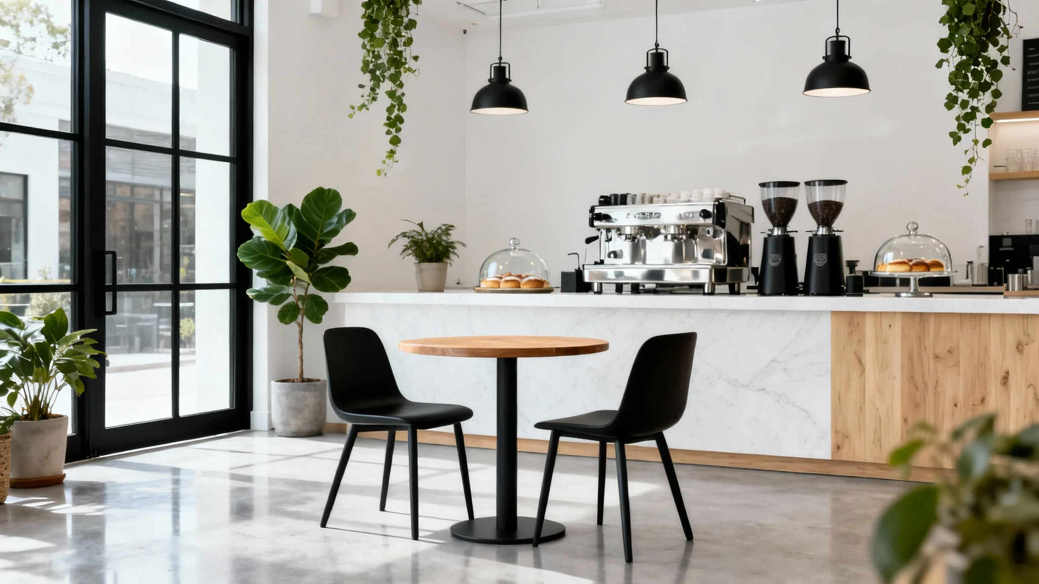 A photorealistic mockup of a modern, minimalist cafe interior with wooden tables, a white marble counter, and large windows creating a bright and airy atmosphere.