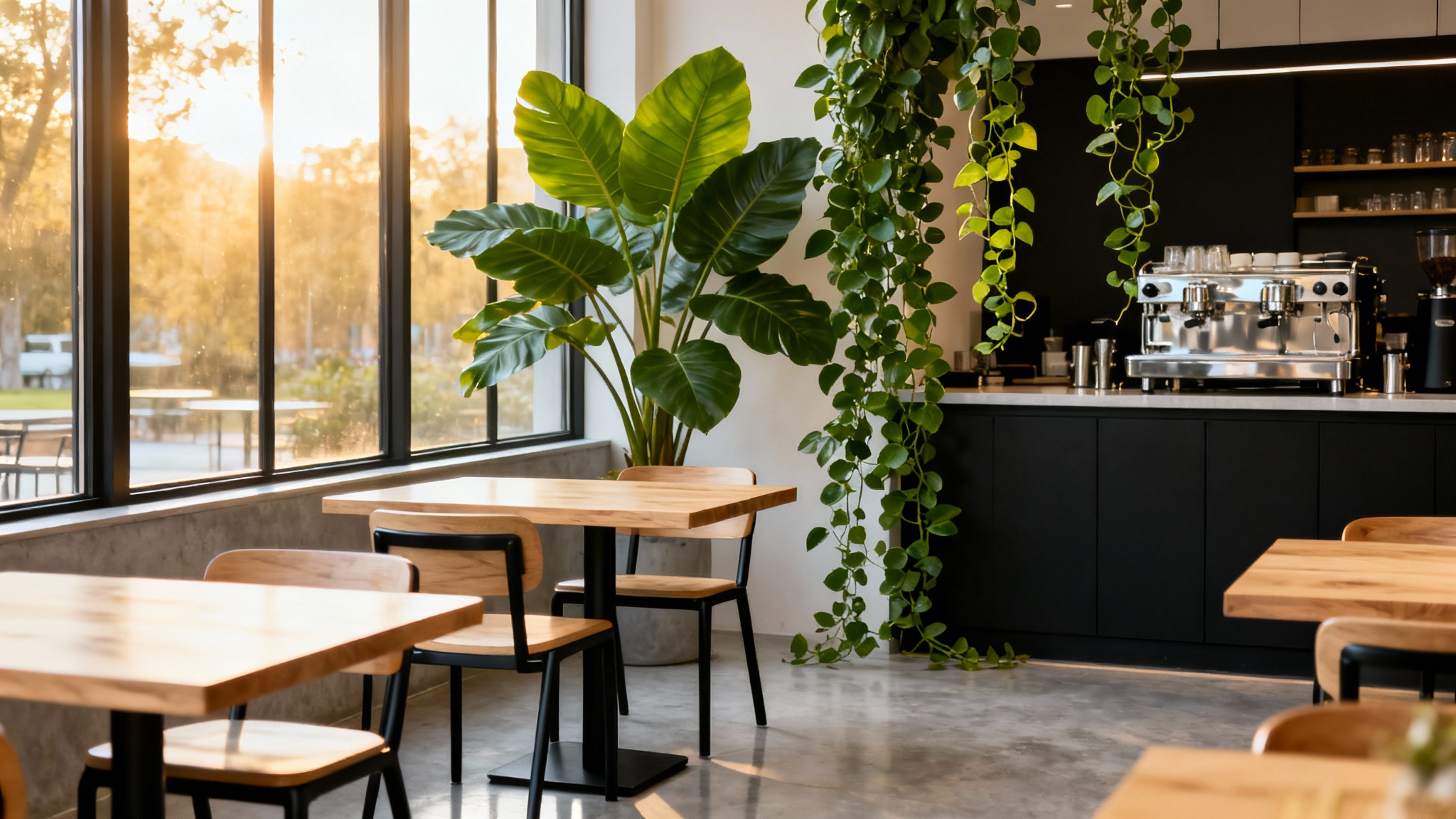 Interior of a bright, modern cafe with minimalist Scandinavian design, featuring light wood furniture, polished concrete floors, and abundant green plants.