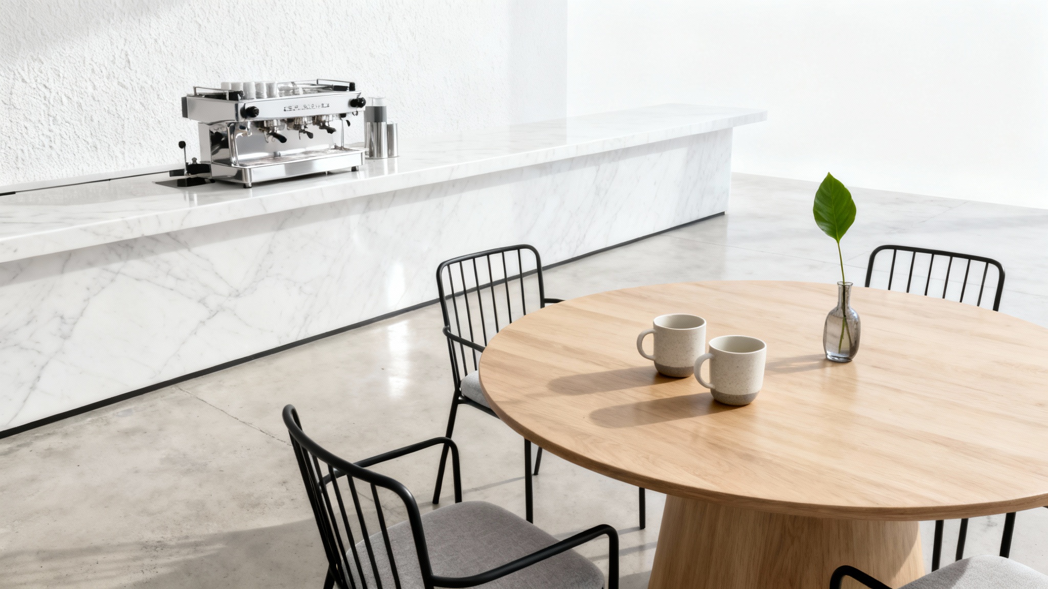 A modern and minimalist cafe interior mockup featuring a wooden table with ceramic mugs, sleek chairs, and a white marble counter, all set against a pure white background.