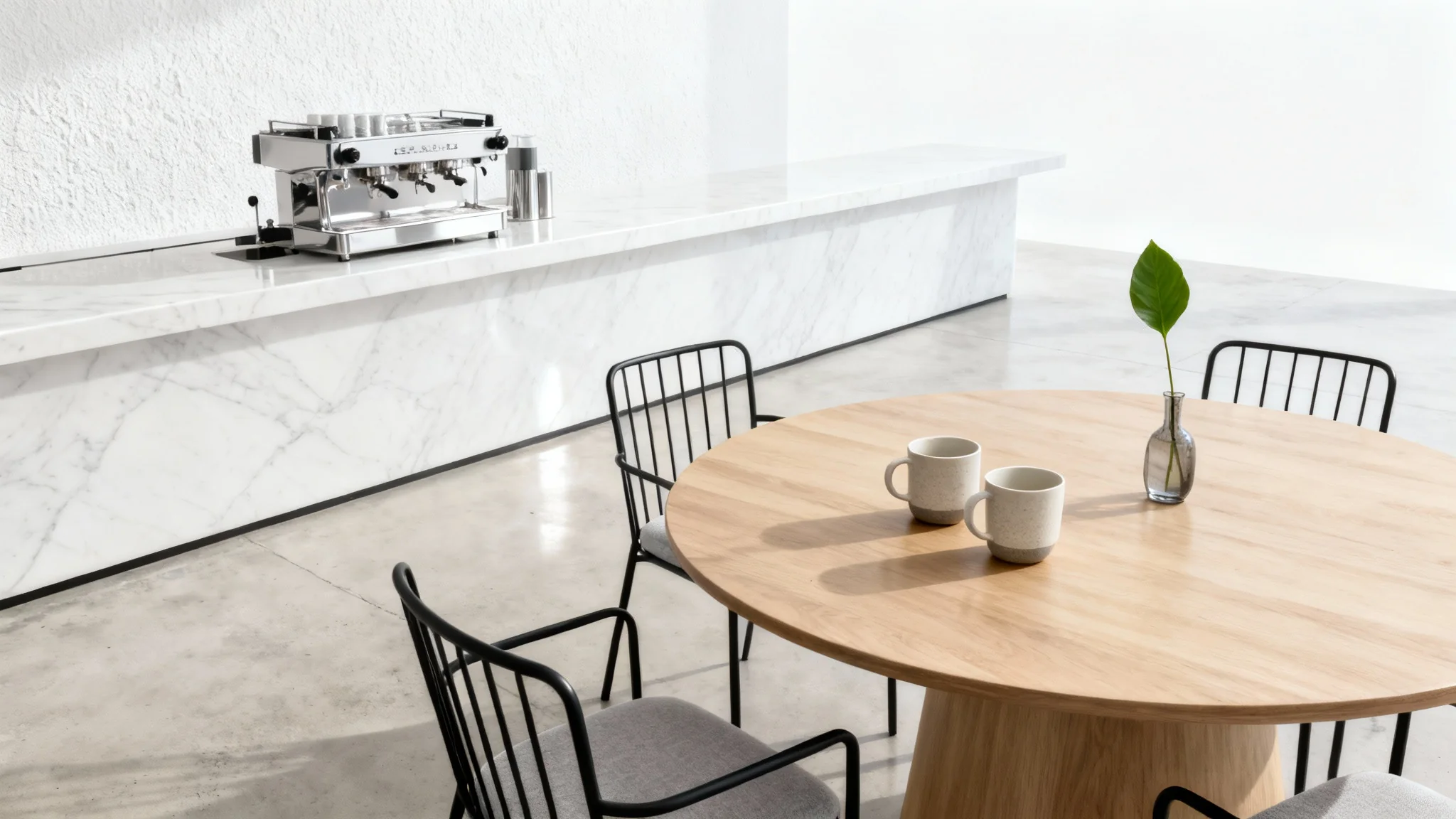 A modern and minimalist cafe interior mockup featuring a wooden table with ceramic mugs, sleek chairs, and a white marble counter, all set against a pure white background.