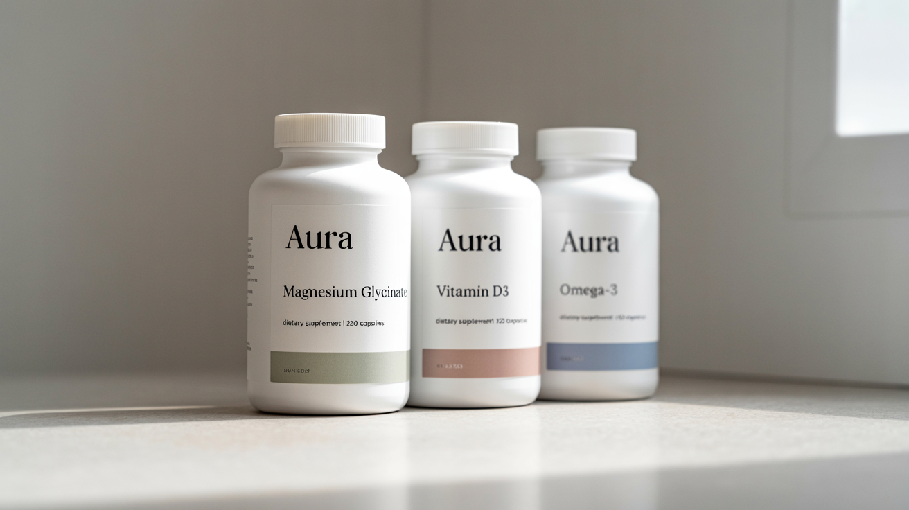 A professional product shot of three matte white supplement bottles lined up against a light gray background. Each bottle has a minimalist label with clean typography and a different pastel accent color: sage green, dusty rose, and sky blue.
