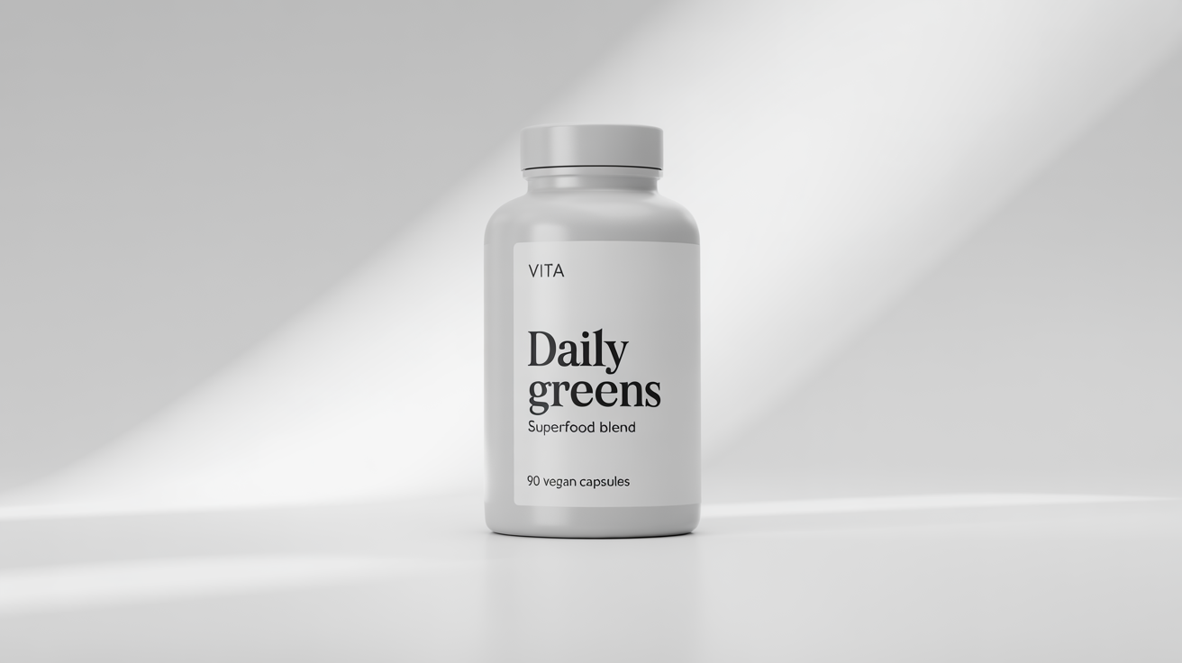 A minimalist mockup of a white supplement bottle with a black cap, featuring a clean label with the brand 'VITA' and product name 'Daily Greens' against a solid white background.