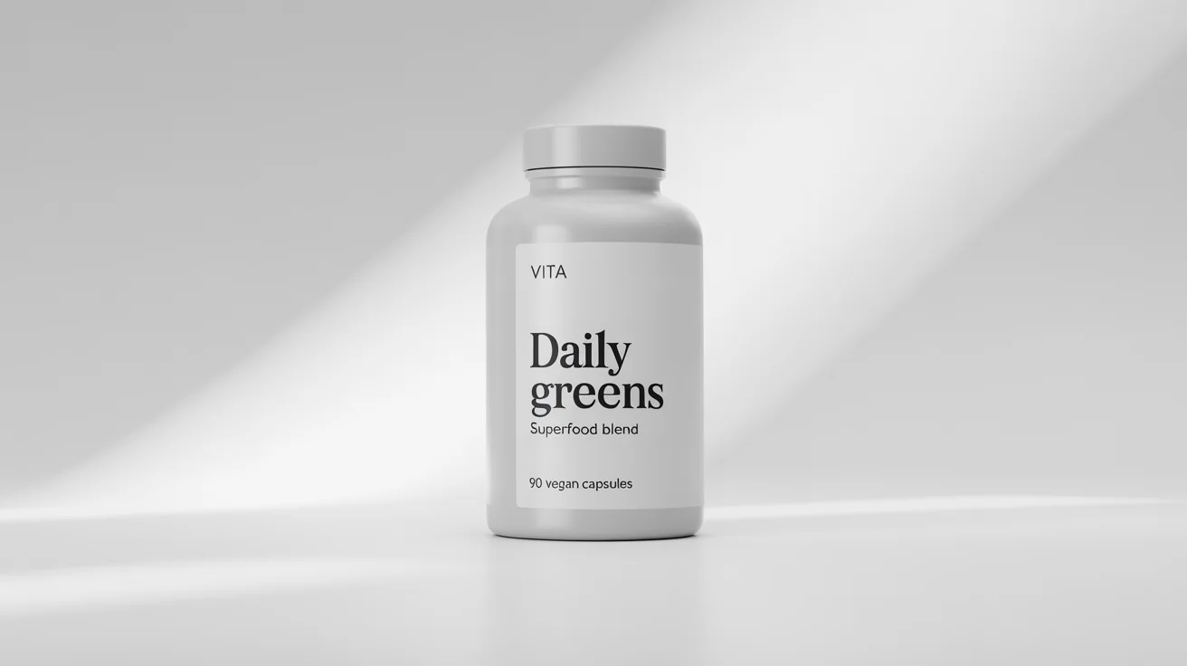 A minimalist mockup of a white supplement bottle with a black cap, featuring a clean label with the brand 'VITA' and product name 'Daily Greens' against a solid white background.