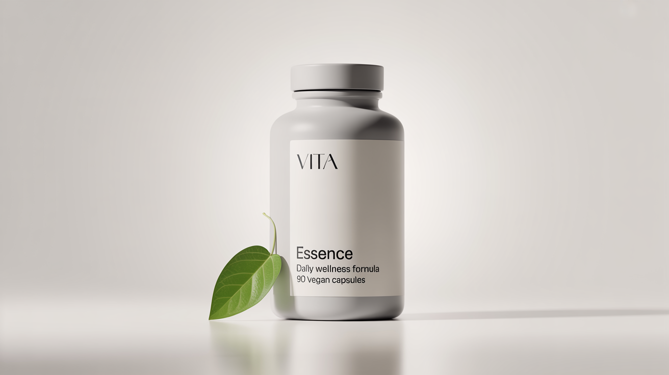 A photorealistic mockup of a modern, matte white supplement bottle on a white background. The minimalist label reads 'VITA, ESSENCE, Daily Wellness Formula, 90 Vegan Capsules'. A single green leaf rests at its base.