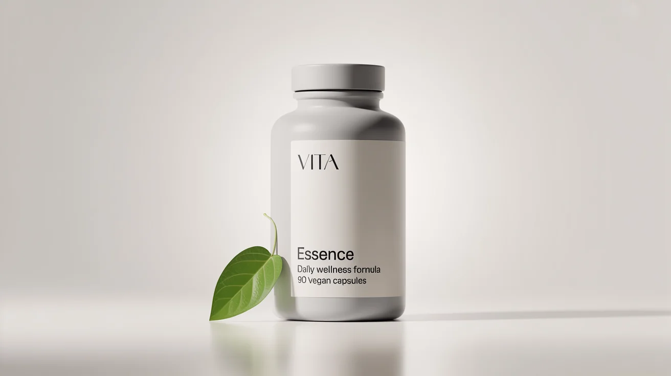 A photorealistic mockup of a modern, matte white supplement bottle on a white background. The minimalist label reads 'VITA, ESSENCE, Daily Wellness Formula, 90 Vegan Capsules'. A single green leaf rests at its base.