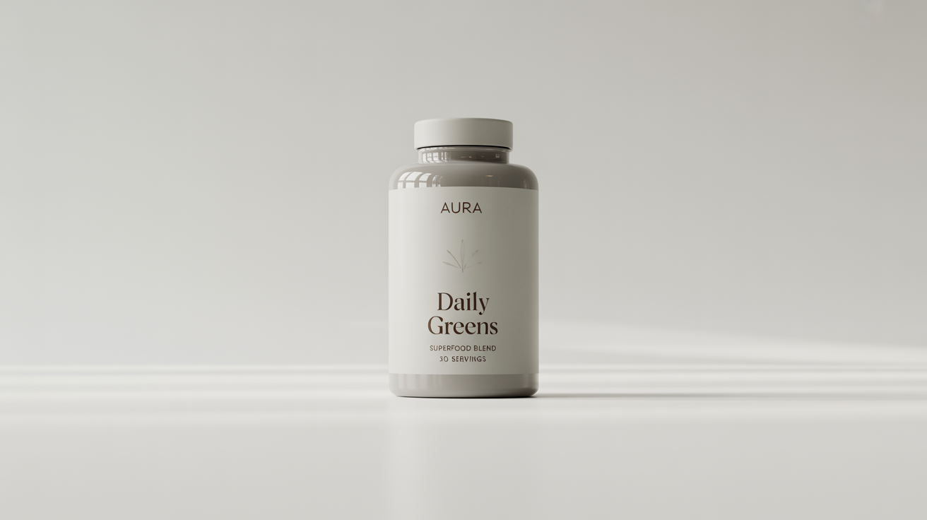 A photorealistic mockup of a modern, matte white supplement bottle with a minimalist label for 'AURA' brand 'DAILY GREENS' against a clean white background.