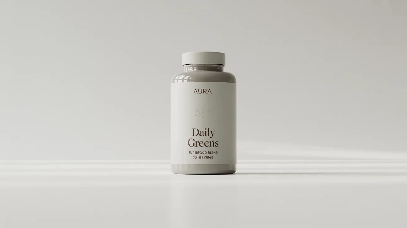 A photorealistic mockup of a modern, matte white supplement bottle with a minimalist label for 'AURA' brand 'DAILY GREENS' against a clean white background.