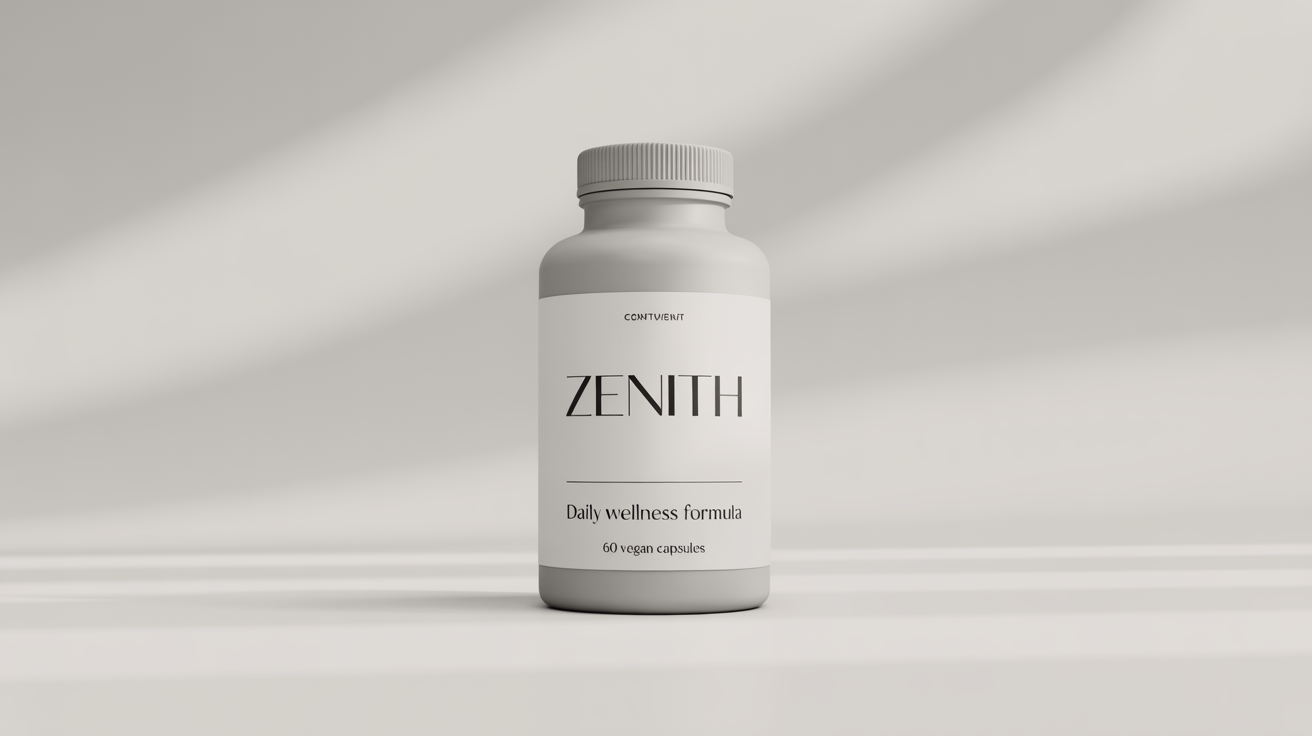 A product mockup of a matte white supplement bottle against a white background. The minimalist label reads 'ZENITH, Daily Wellness Formula'.