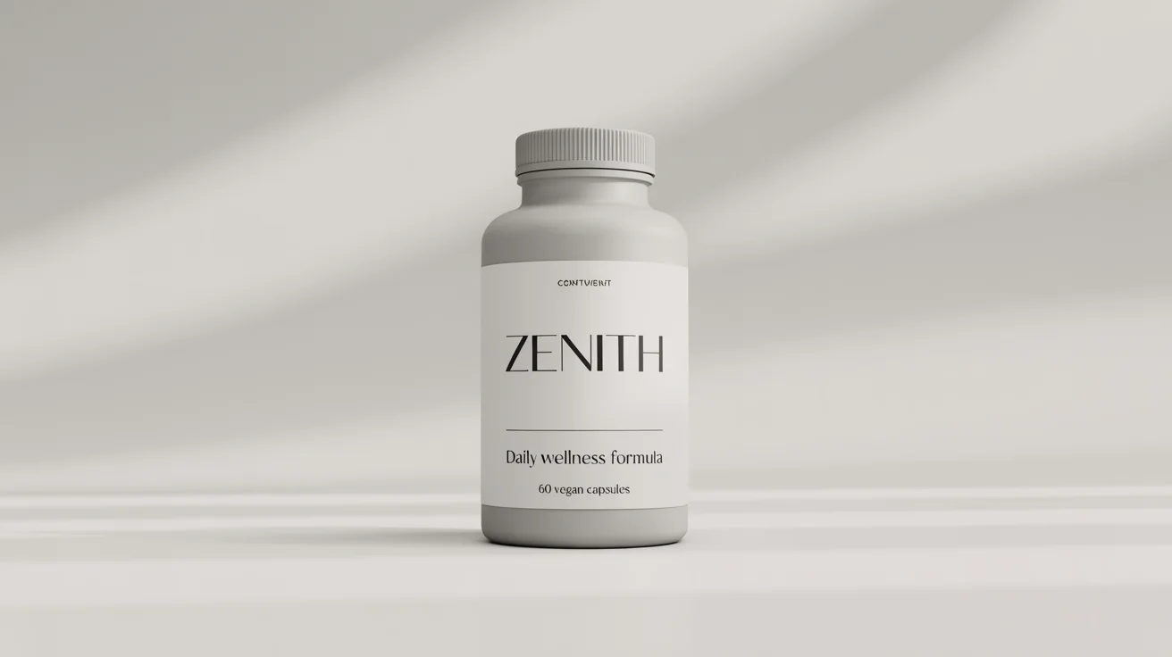 A product mockup of a matte white supplement bottle against a white background. The minimalist label reads 'ZENITH, Daily Wellness Formula'.