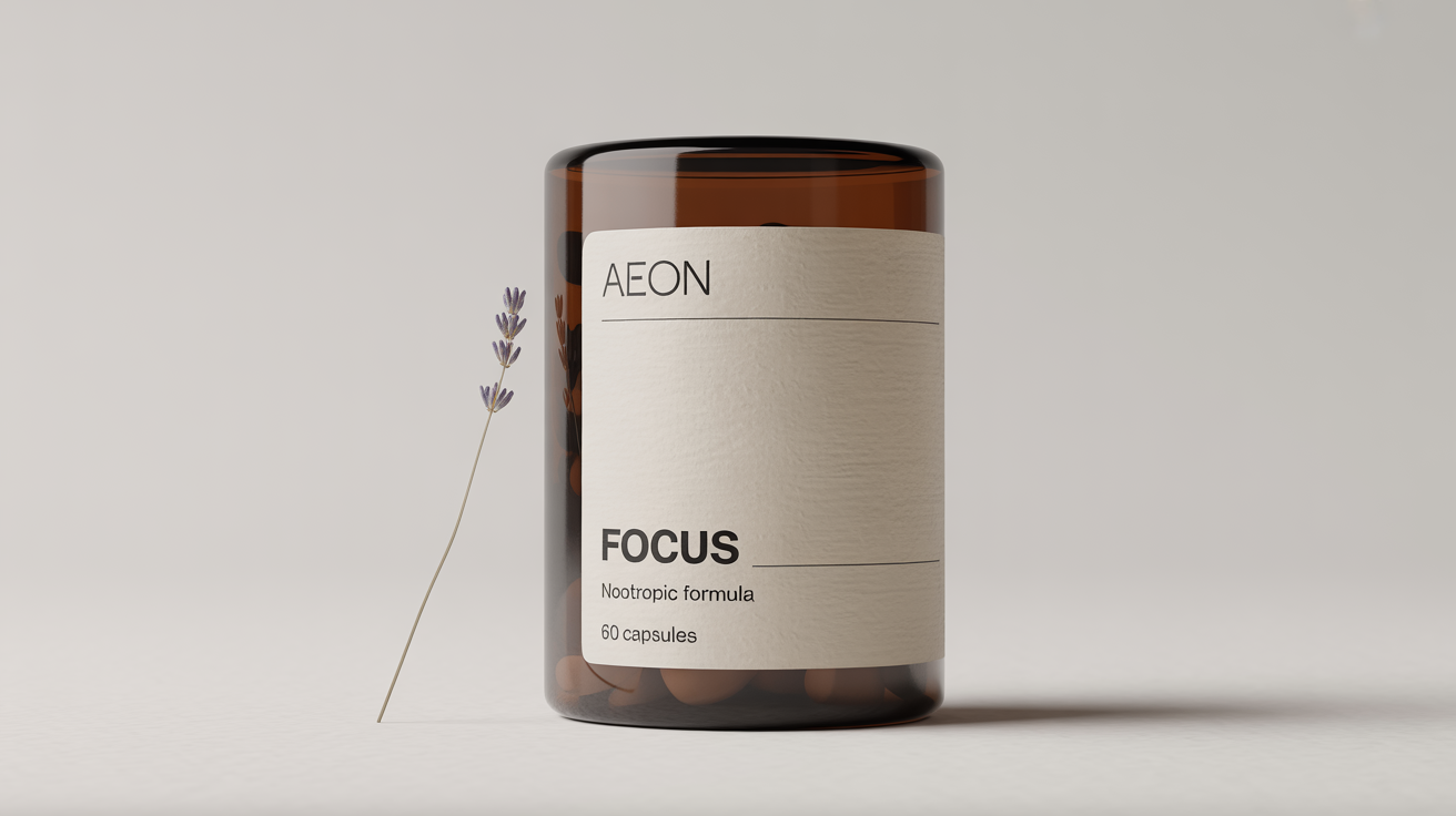 A minimalist amber glass supplement bottle with a cream-colored label that reads 'AEON, FOCUS, Nootropic Formula', set against a plain white background.