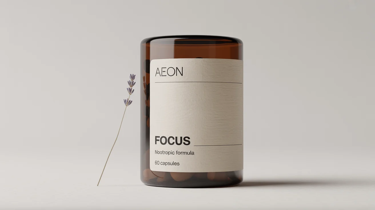 A minimalist amber glass supplement bottle with a cream-colored label that reads 'AEON, FOCUS, Nootropic Formula', set against a plain white background.