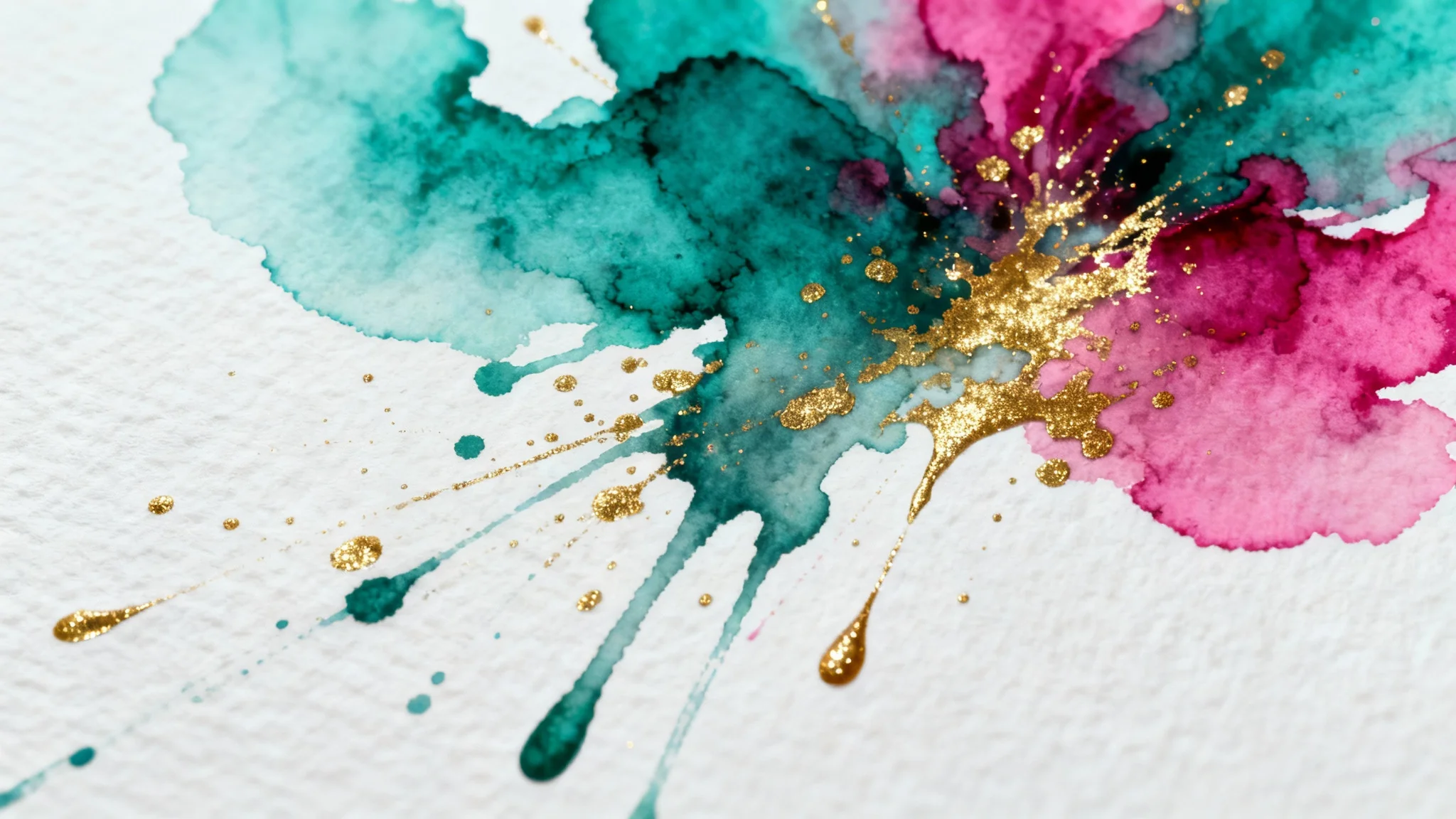 A beautiful abstract background created with vibrant watercolor splashes in teal, magenta, and gold on a white textured surface.