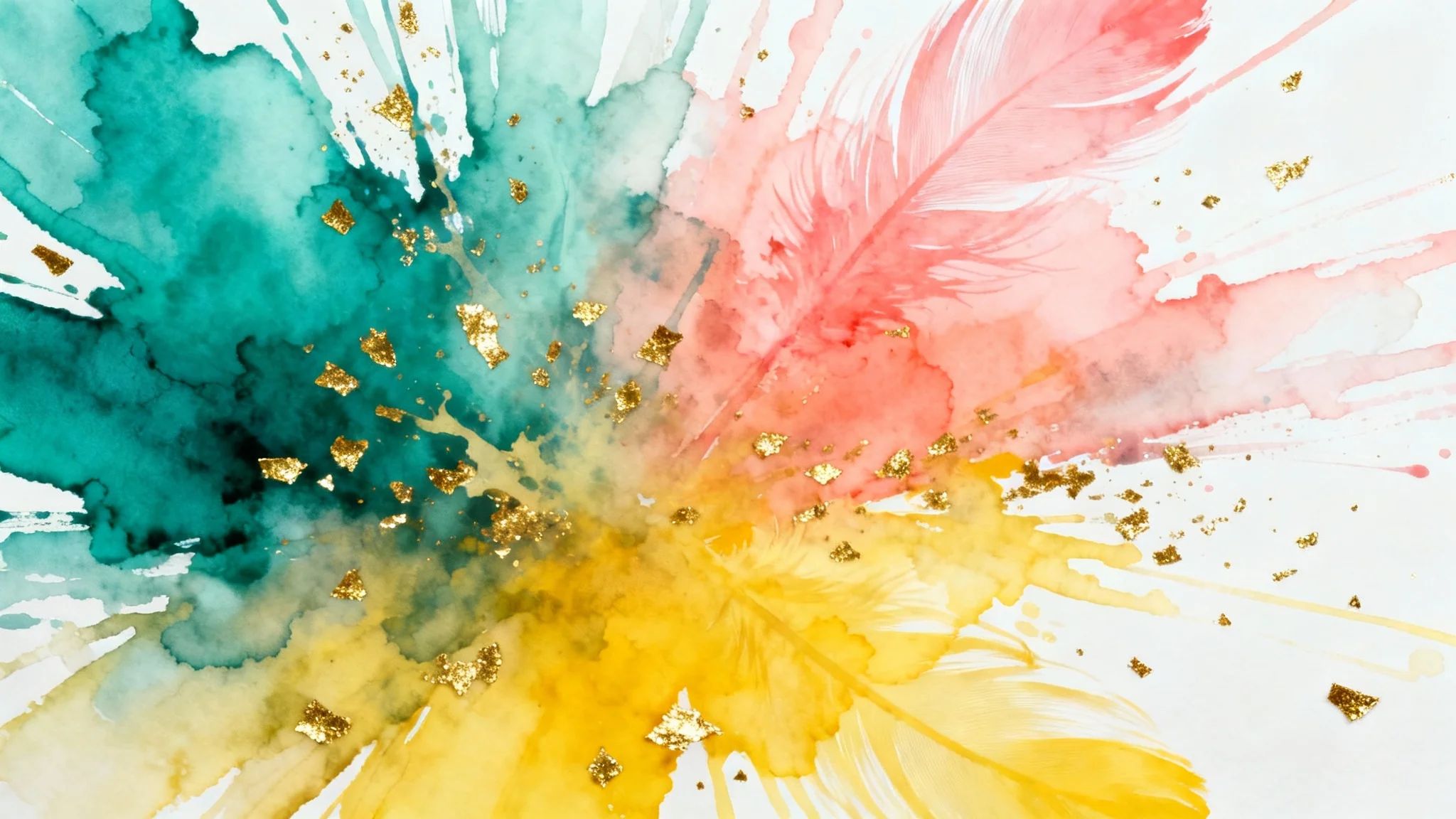 An artistic abstract background featuring a vibrant watercolor splash in teal, coral, and yellow, with gold flecks, on a clean white surface.