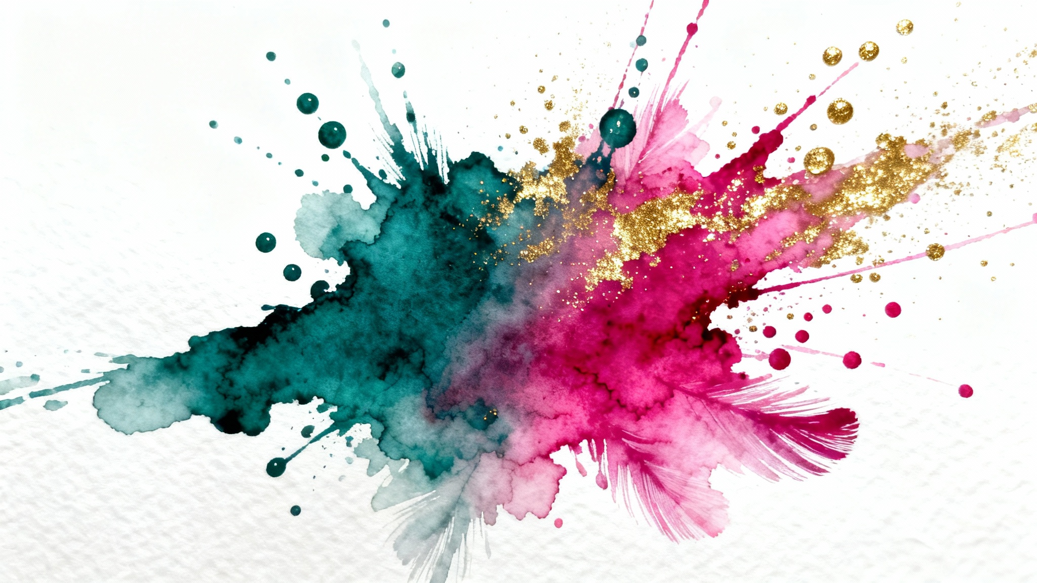 A vibrant, abstract watercolor splash in shades of teal, magenta, and gold, with delicate splatters on a clean white background.