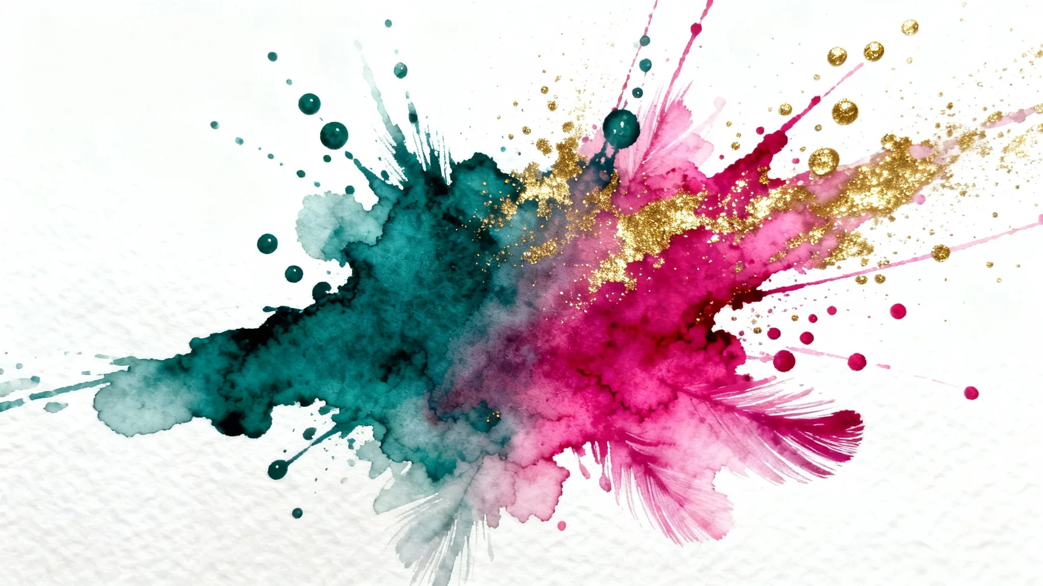 A vibrant, abstract watercolor splash in shades of teal, magenta, and gold, with delicate splatters on a clean white background.