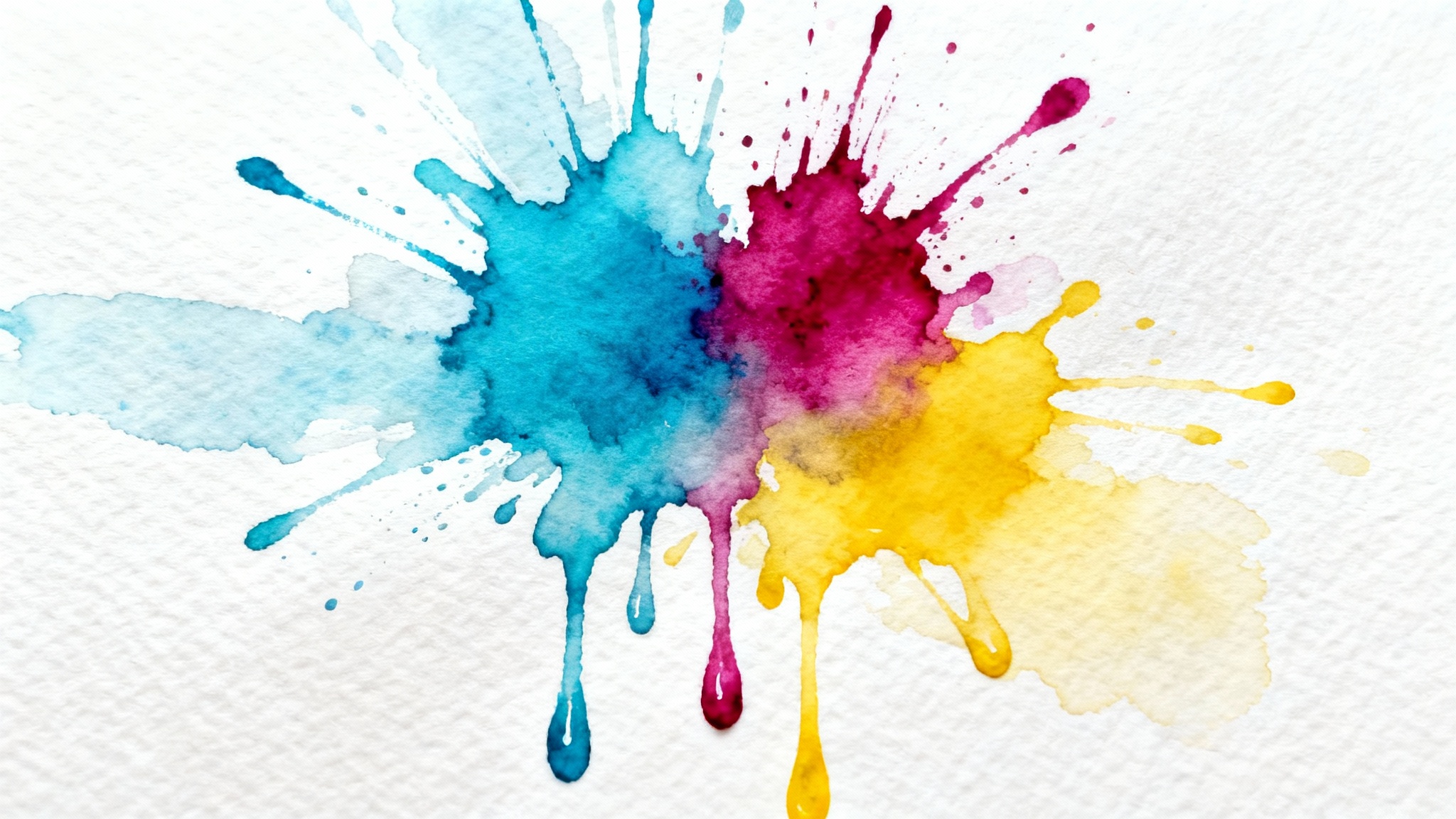 An abstract watercolor splash in vibrant hues of blue, magenta, and yellow, bleeding and splattering across a white textured paper background.