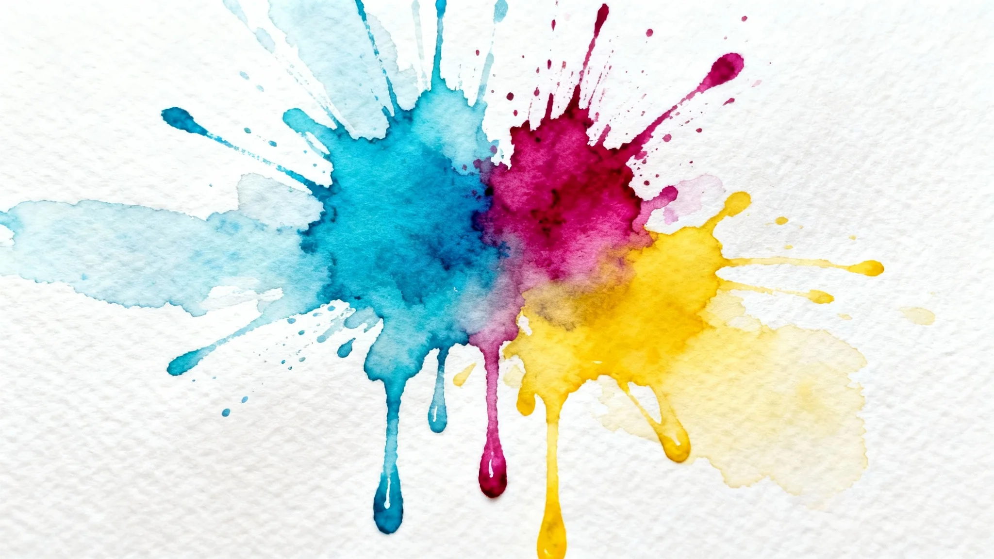 An abstract watercolor splash in vibrant hues of blue, magenta, and yellow, bleeding and splattering across a white textured paper background.