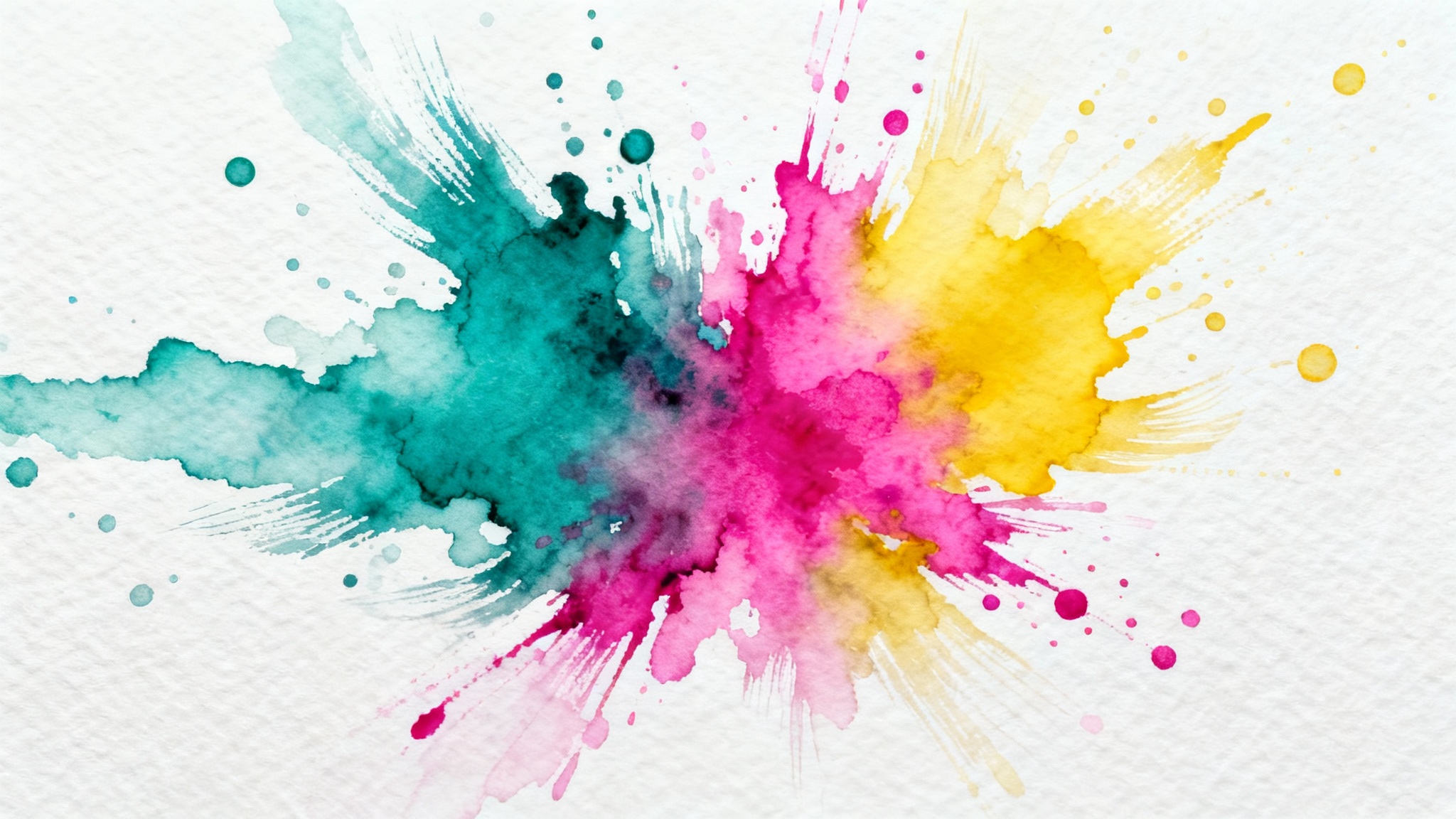 A vibrant and abstract watercolor splash with a blend of turquoise, magenta, and yellow paints on a textured white paper background.