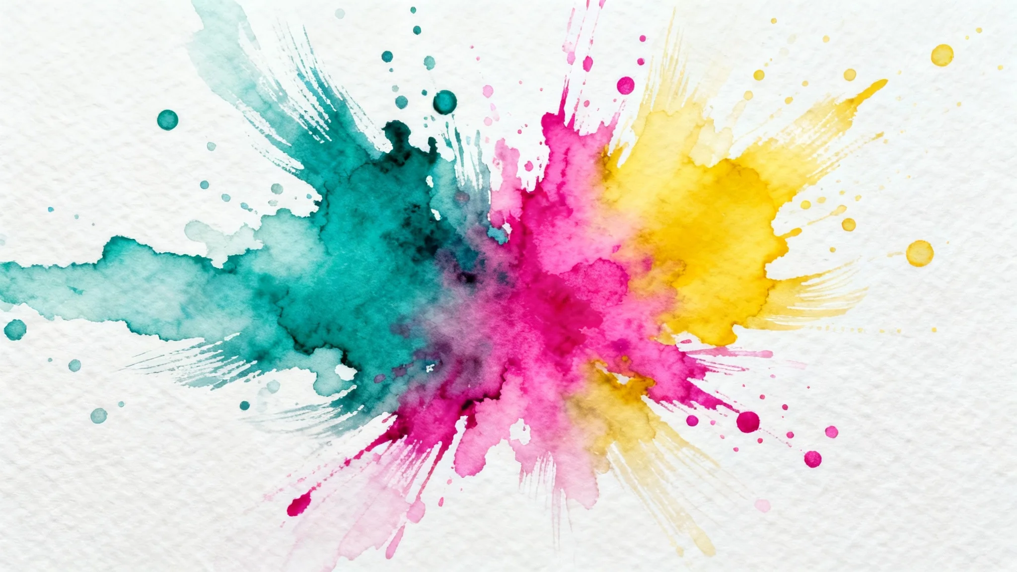 A vibrant and abstract watercolor splash with a blend of turquoise, magenta, and yellow paints on a textured white paper background.