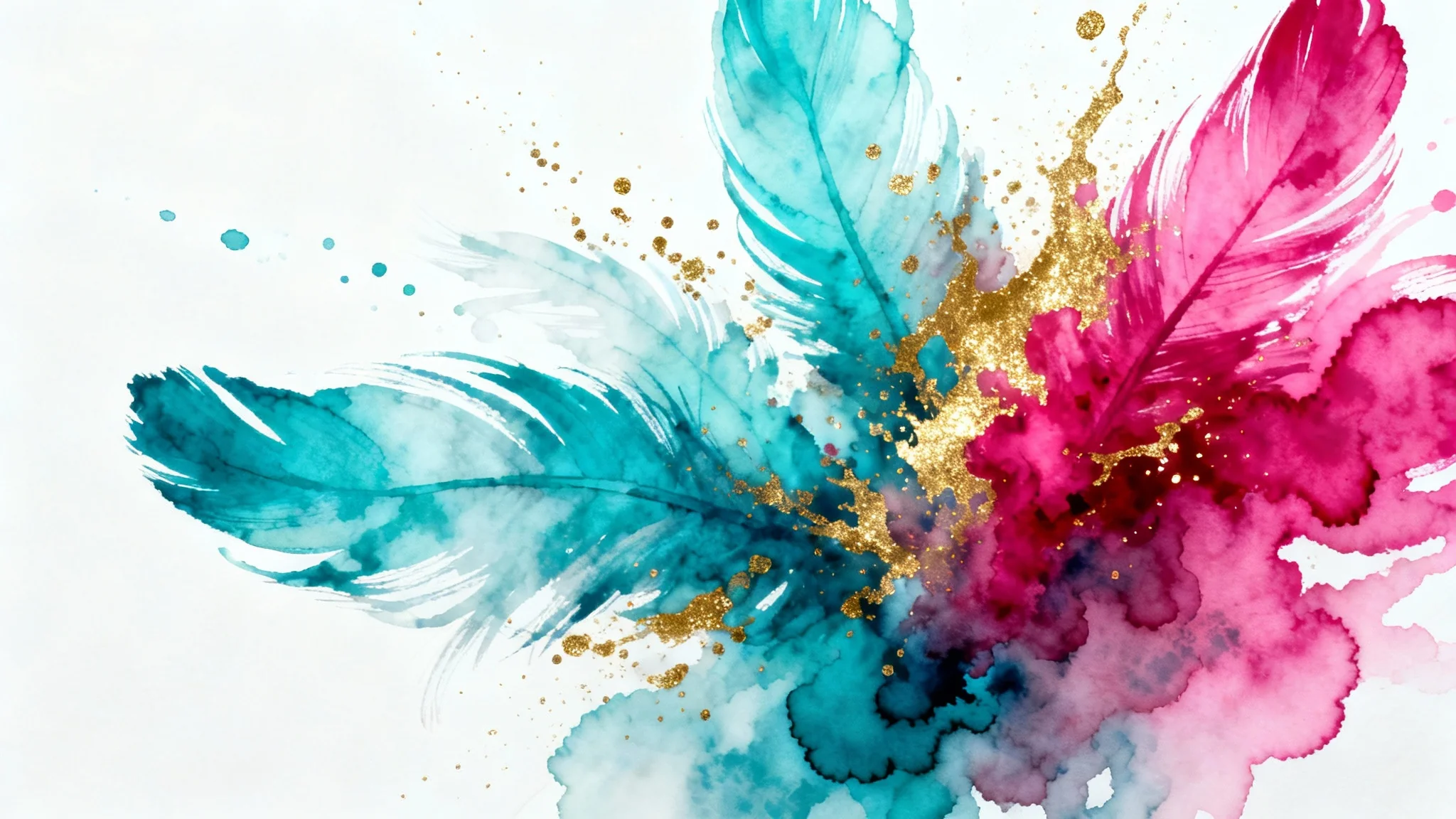 A vibrant abstract background featuring watercolor splashes in shades of turquoise, magenta, and gold on a clean white surface.