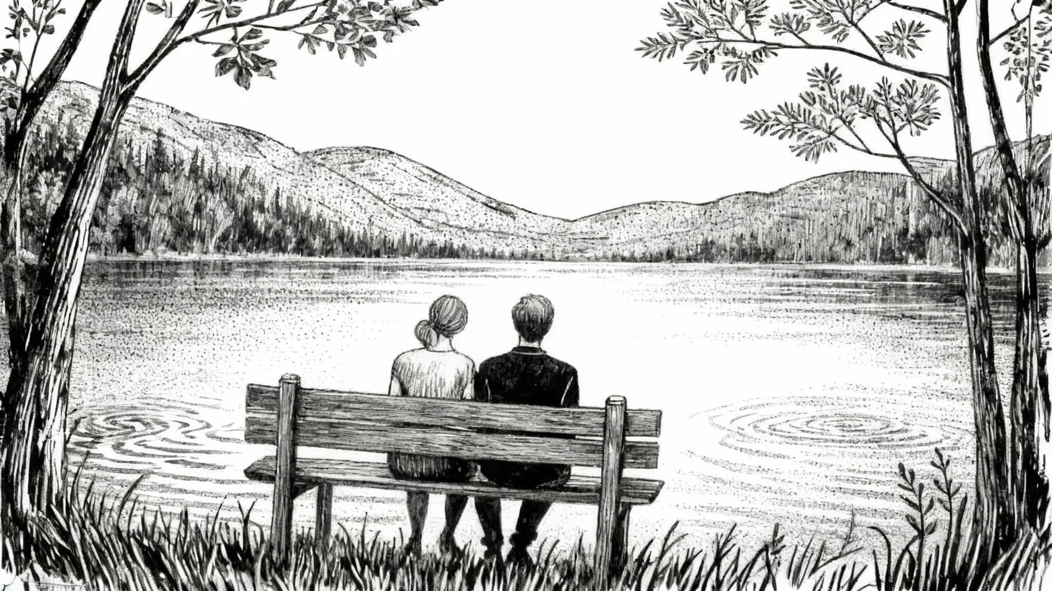 A beautiful black and white ink drawing in a 16:9 aspect ratio. It shows a peaceful landscape with a couple on a bench overlooking a lake, with mountains in the background. The drawing is detailed with fine lines and hatching, giving it a realistic, artistic feel.