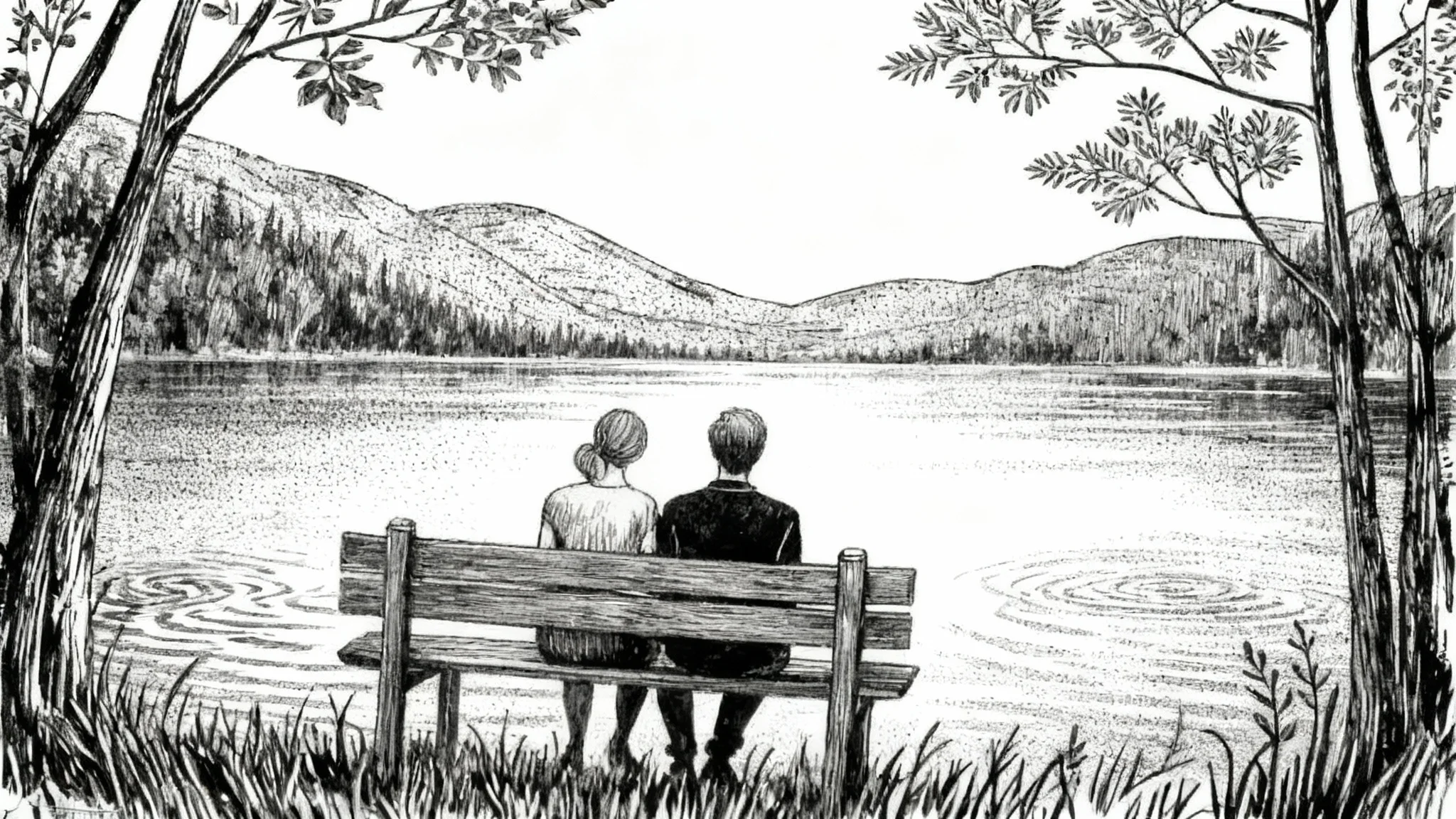 A beautiful black and white ink drawing in a 16:9 aspect ratio. It shows a peaceful landscape with a couple on a bench overlooking a lake, with mountains in the background. The drawing is detailed with fine lines and hatching, giving it a realistic, artistic feel.