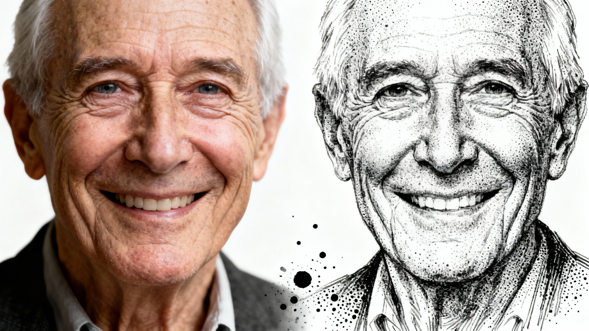 An image demonstrating a photo-to-ink-drawing effect, featuring a portrait of an elderly man that is half photorealistic color and half black and white stipple ink drawing, on a white background.