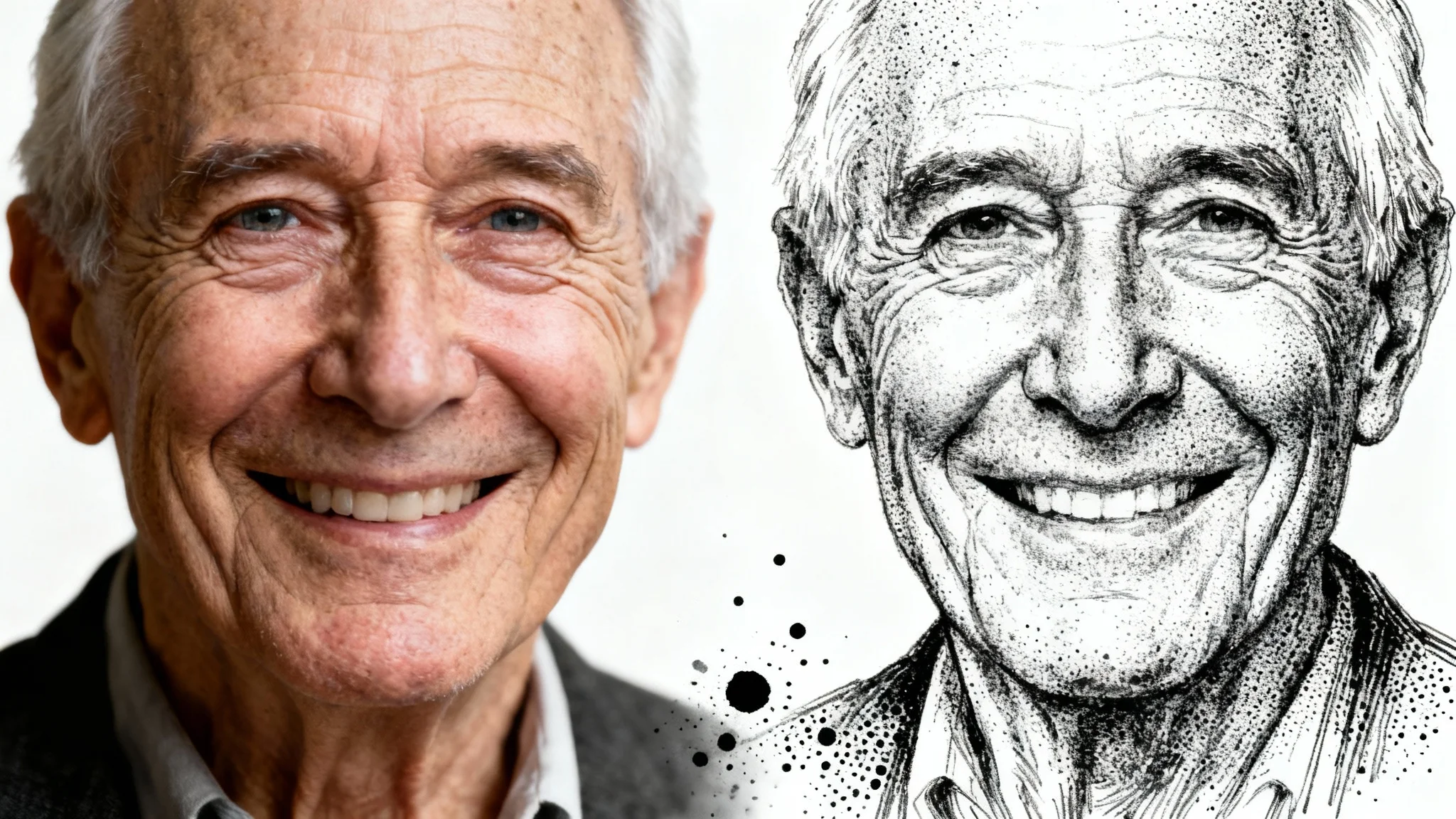 An image demonstrating a photo-to-ink-drawing effect, featuring a portrait of an elderly man that is half photorealistic color and half black and white stipple ink drawing, on a white background.